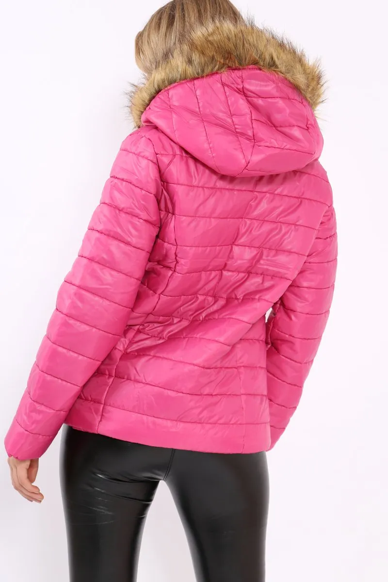 Fuchsia Shiny Puffer Coat with Fur Hood - Idy