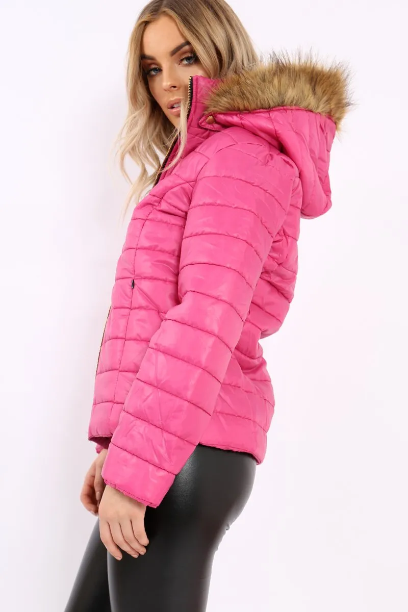 Fuchsia Shiny Puffer Coat with Fur Hood - Idy