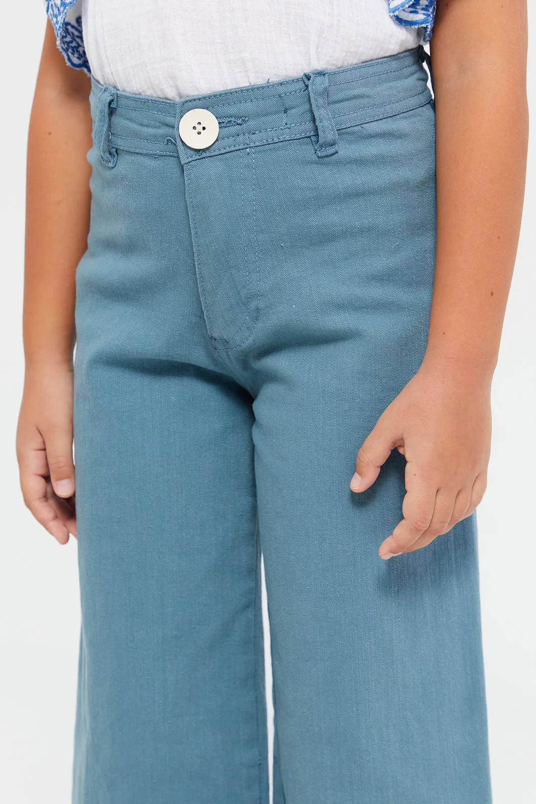 Girls Blue Plain Wide Leg Jeans