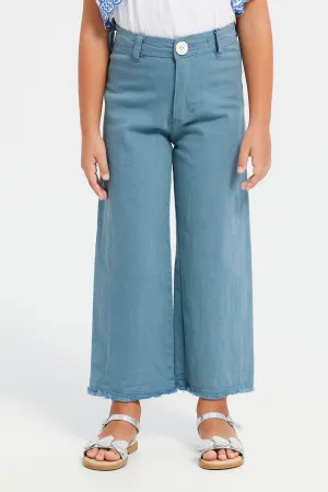 Girls Blue Plain Wide Leg Jeans