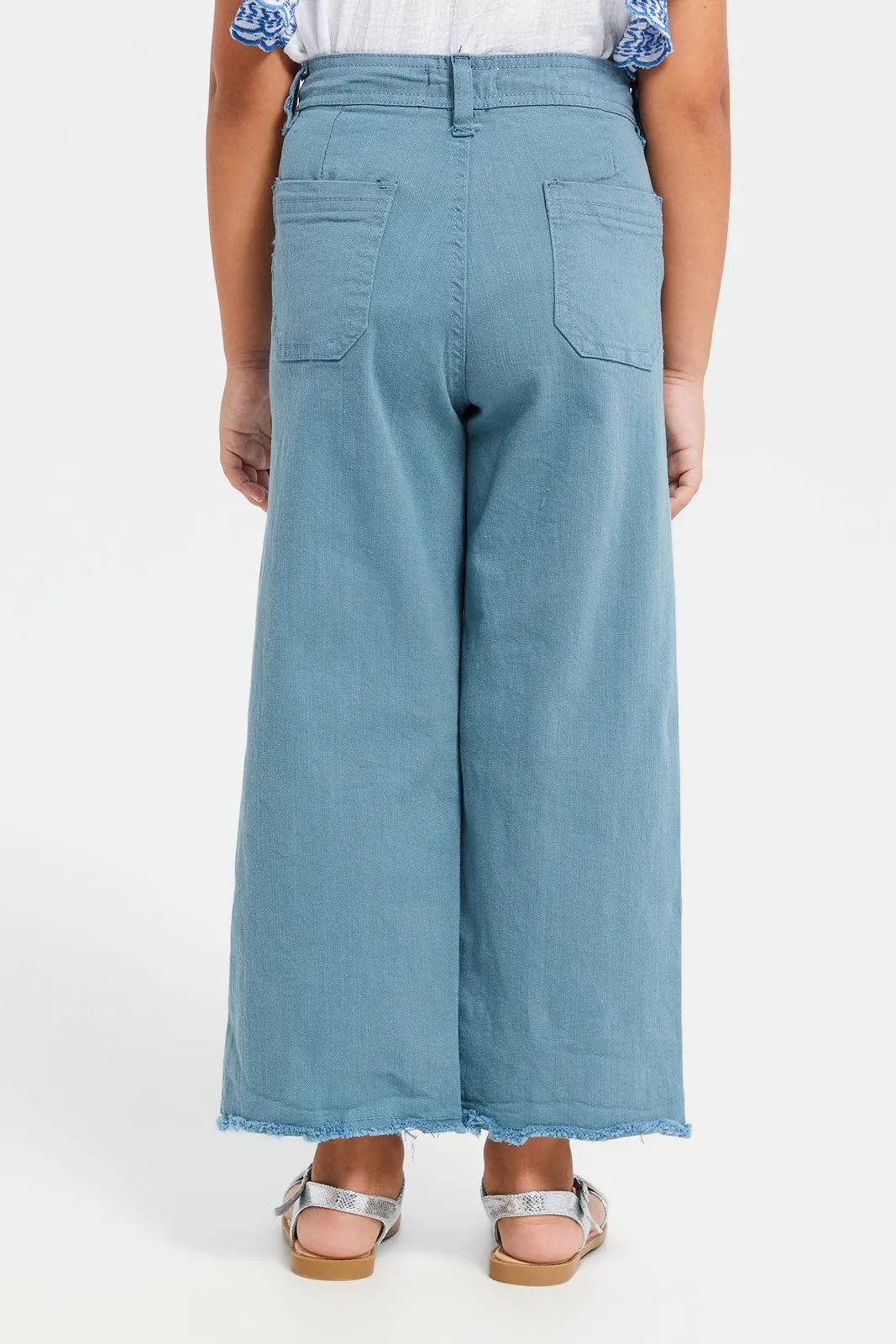 Girls Blue Plain Wide Leg Jeans