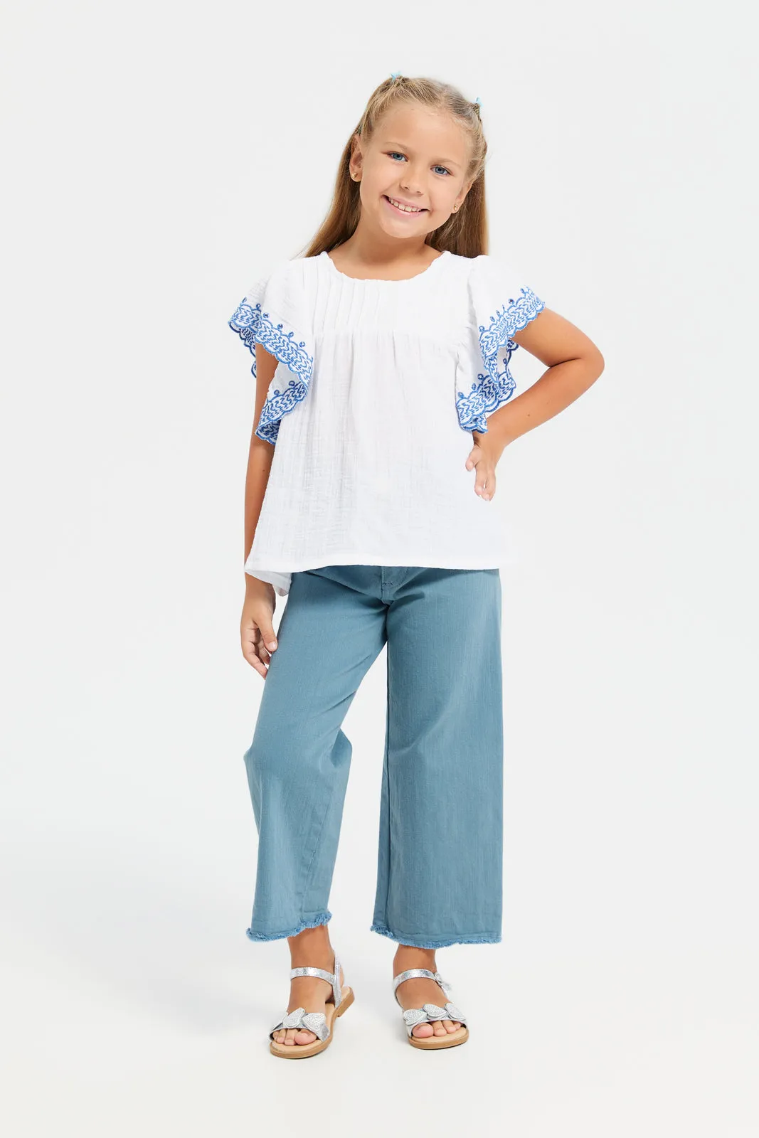 Girls Blue Plain Wide Leg Jeans