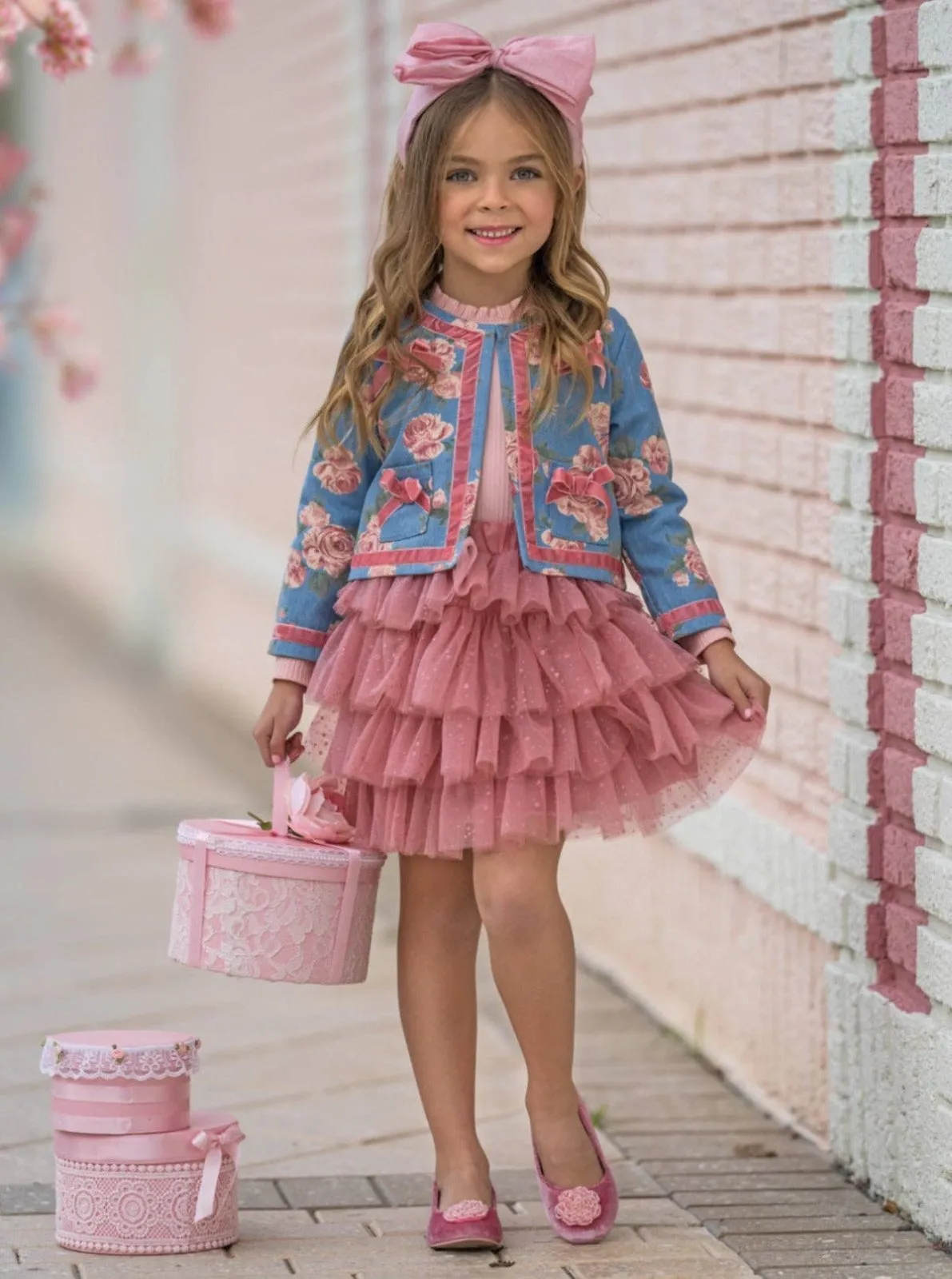 Girls Floral Blazer and Pink Tiered Tutu Skirt Set