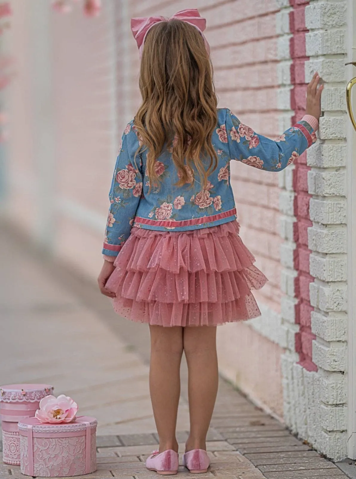 Girls Floral Blazer and Pink Tiered Tutu Skirt Set