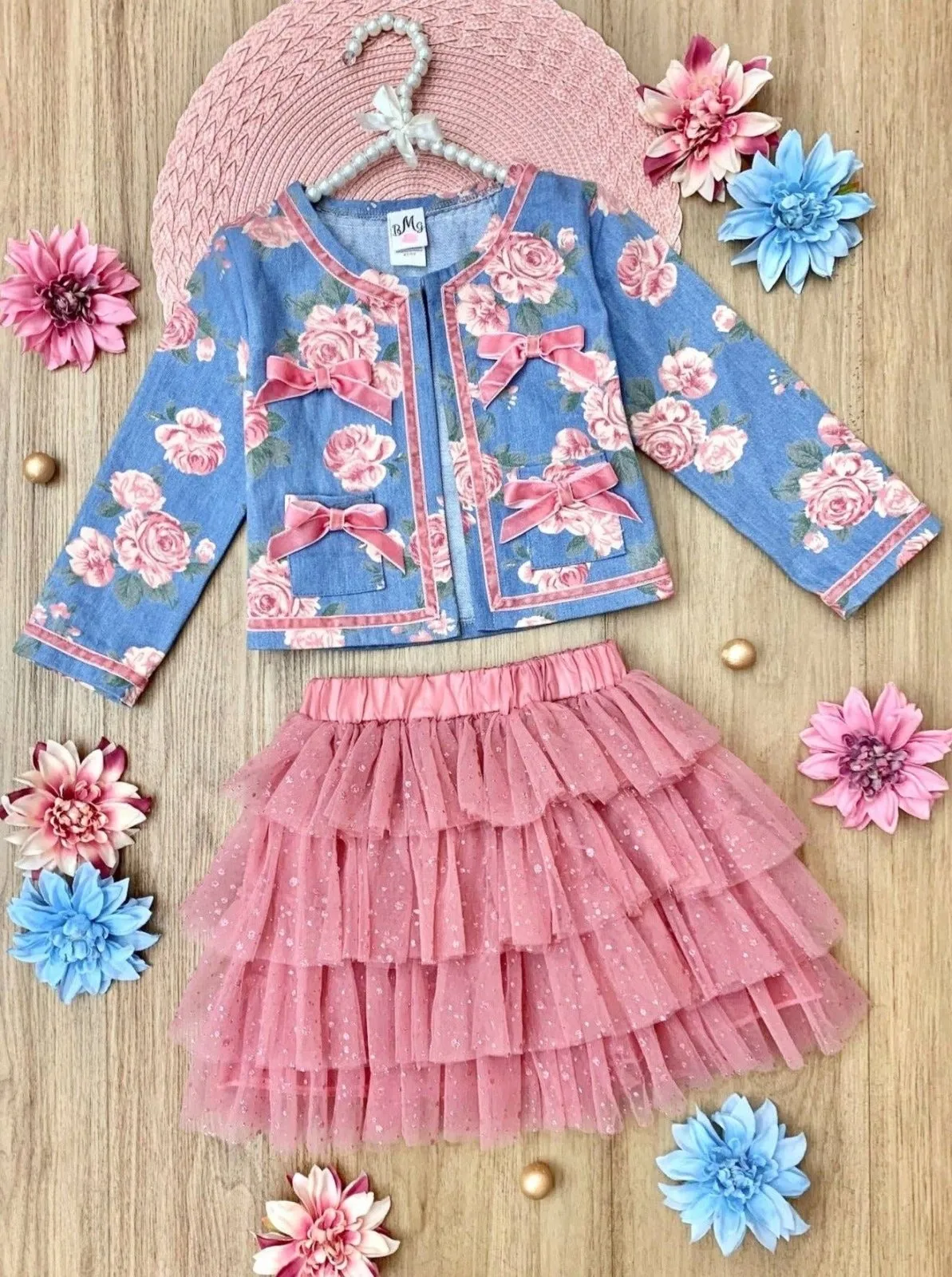 Girls Floral Blazer and Pink Tiered Tutu Skirt Set