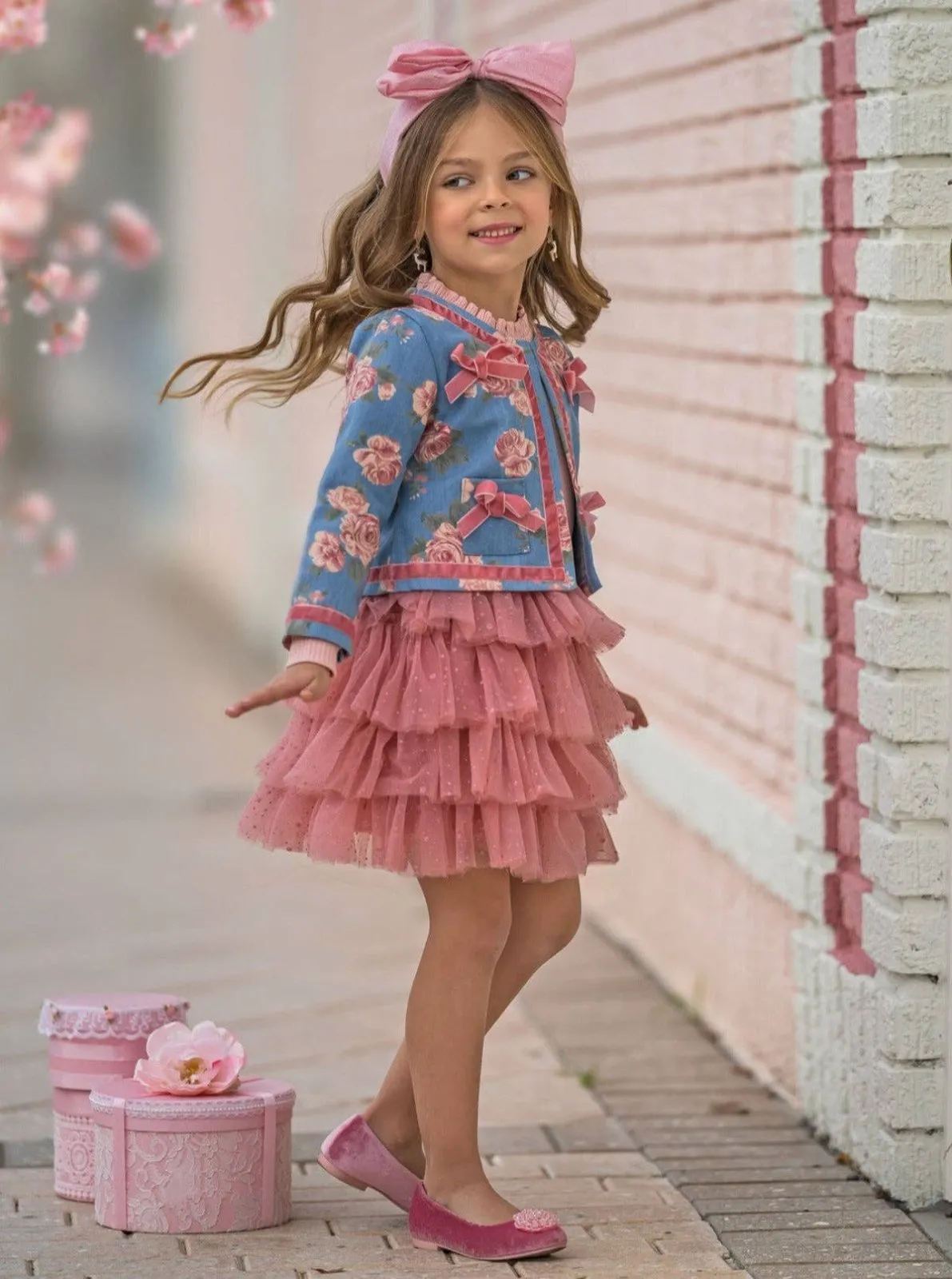 Girls Floral Blazer and Pink Tiered Tutu Skirt Set