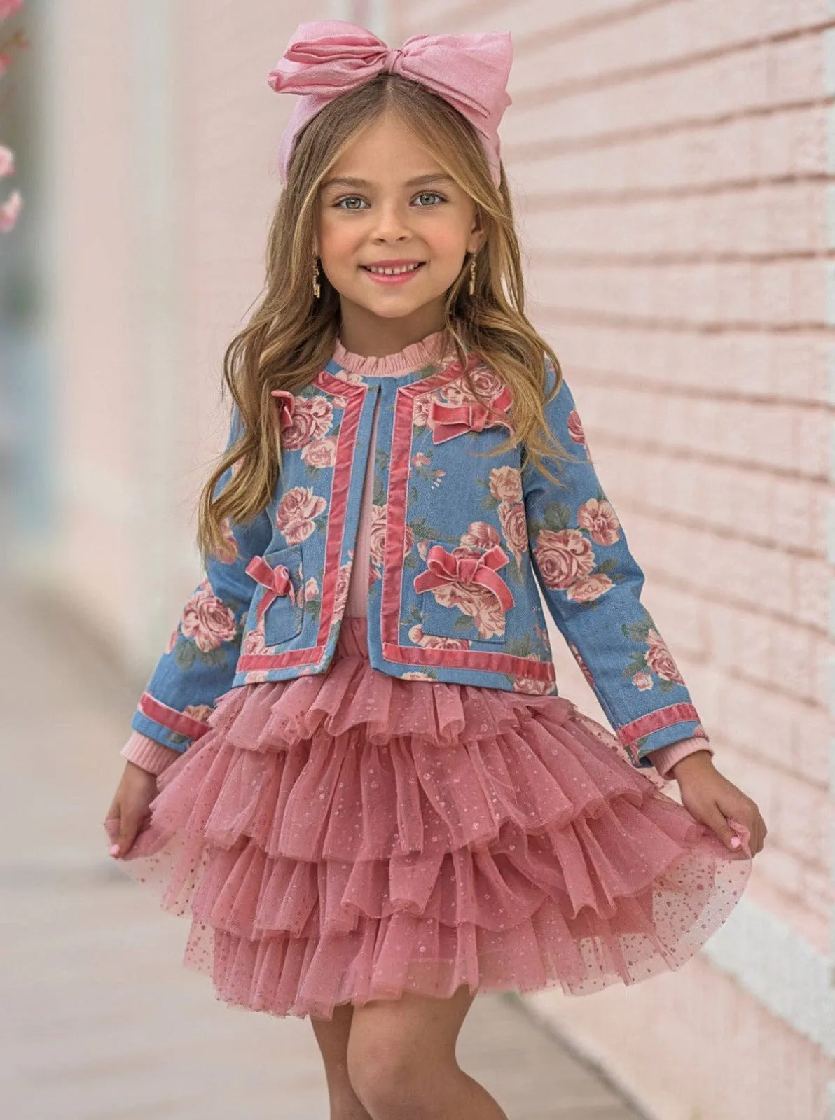 Girls Floral Blazer and Pink Tiered Tutu Skirt Set