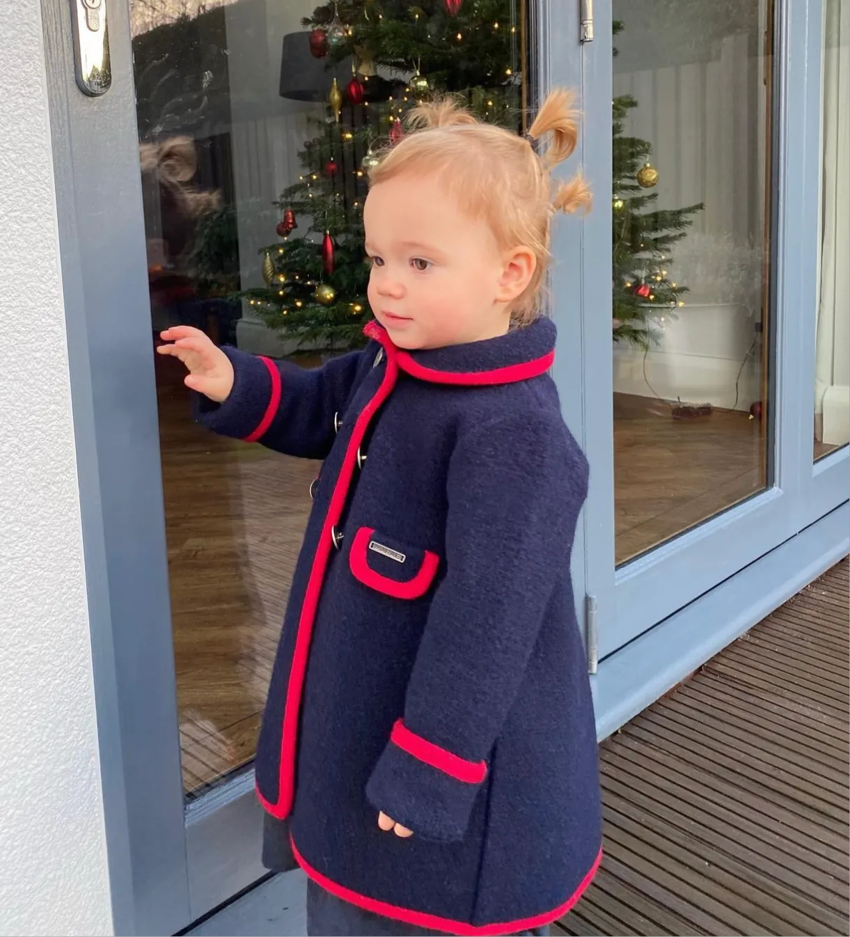 Girls Navy Marae Coat With Red Trim