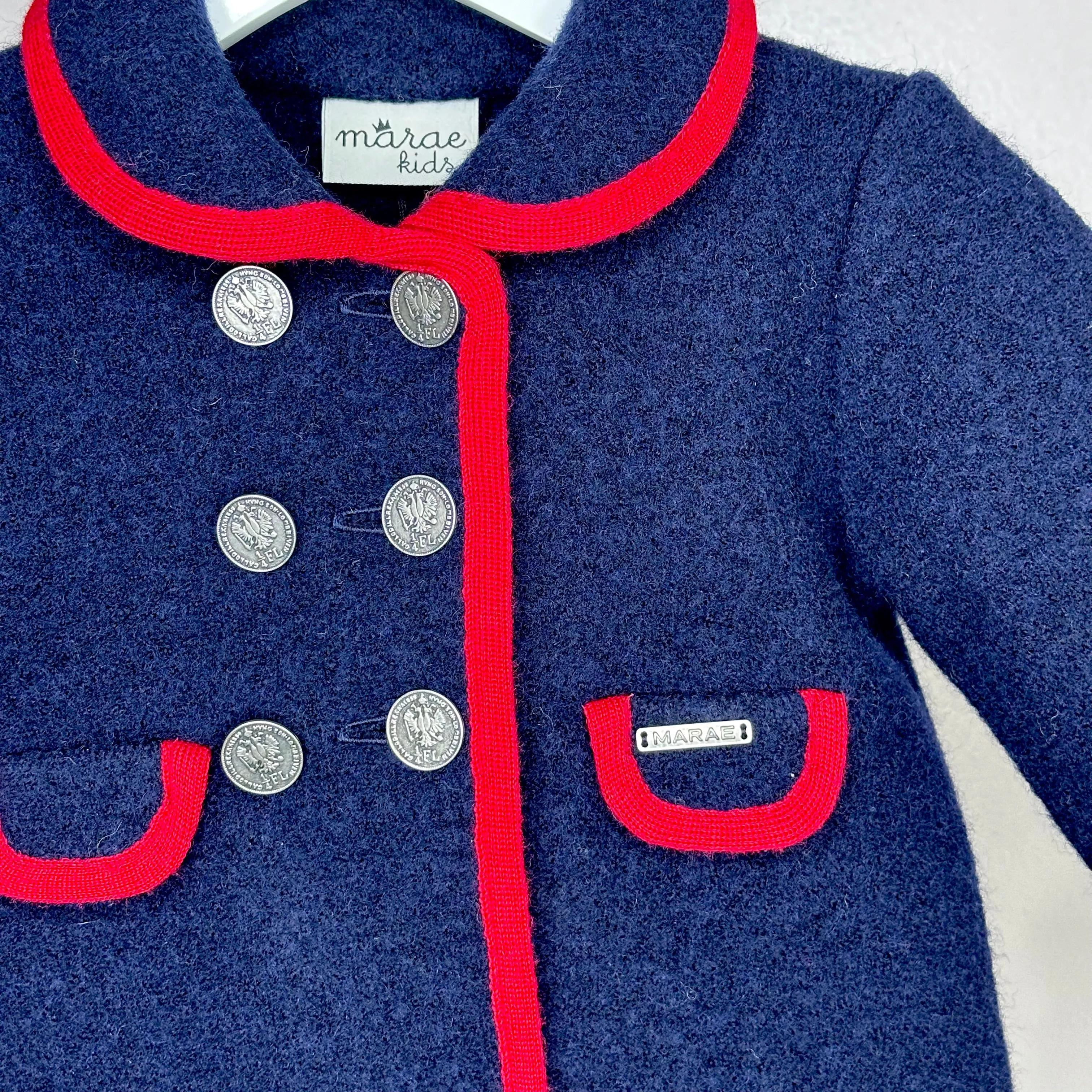 Girls Navy Marae Coat With Red Trim