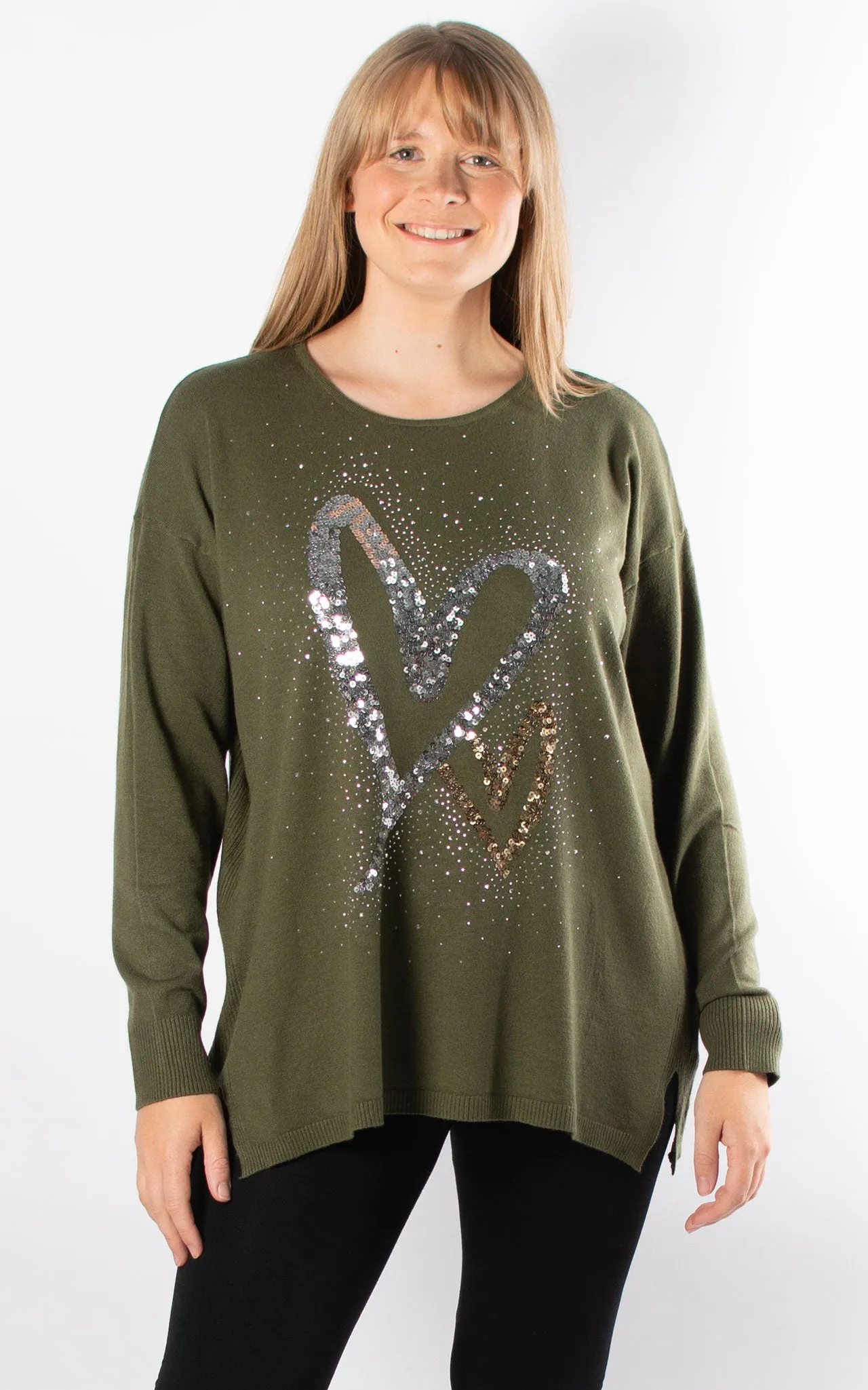 Gold & Silver Sequin Hearts Knit | Khaki