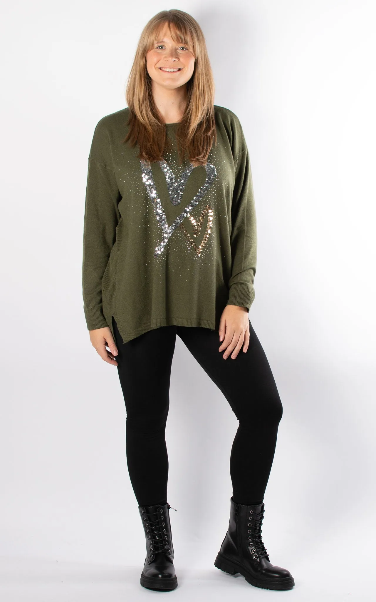 Gold & Silver Sequin Hearts Knit | Khaki