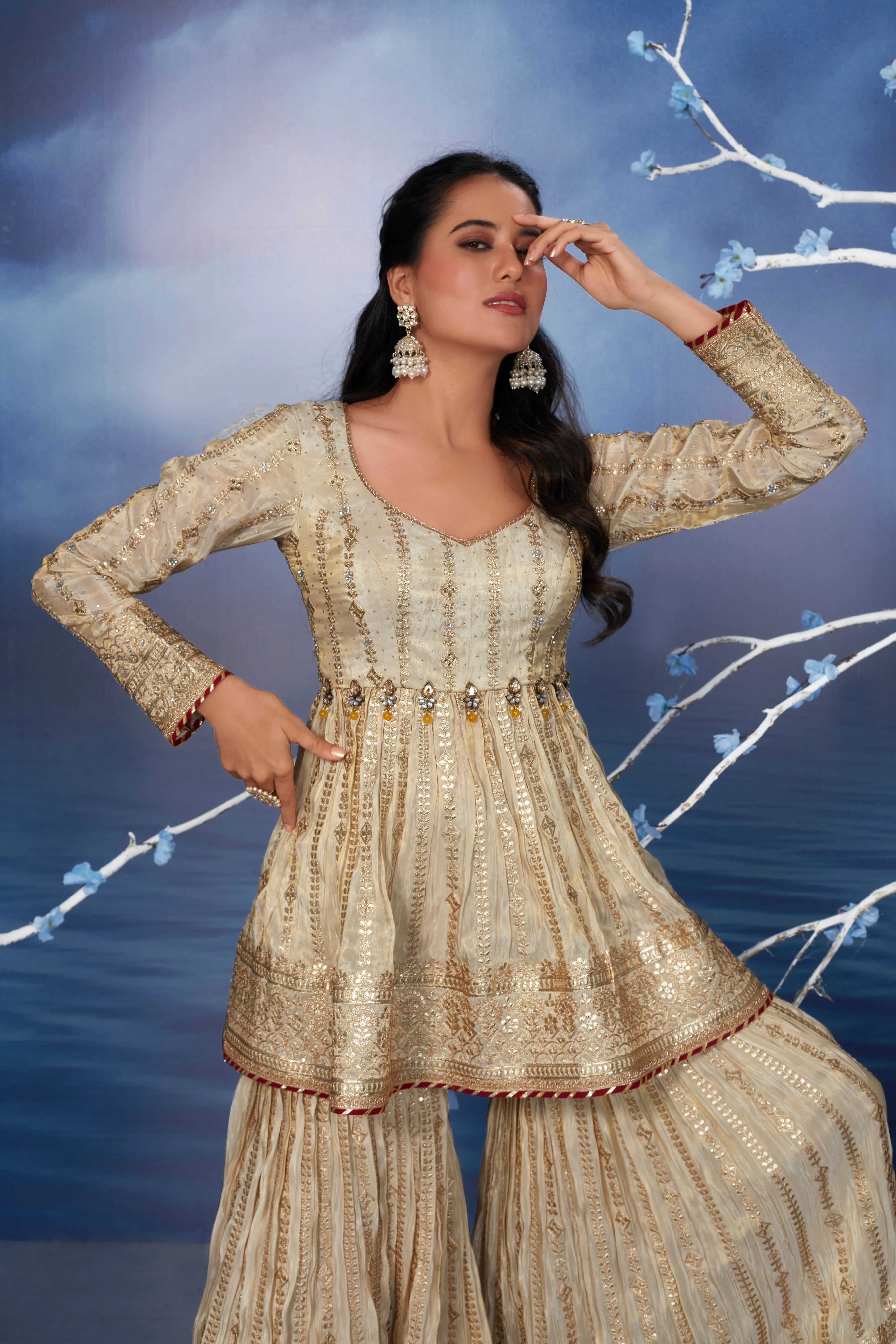 Golden Beige Embellished Italian Silk Sharara Set