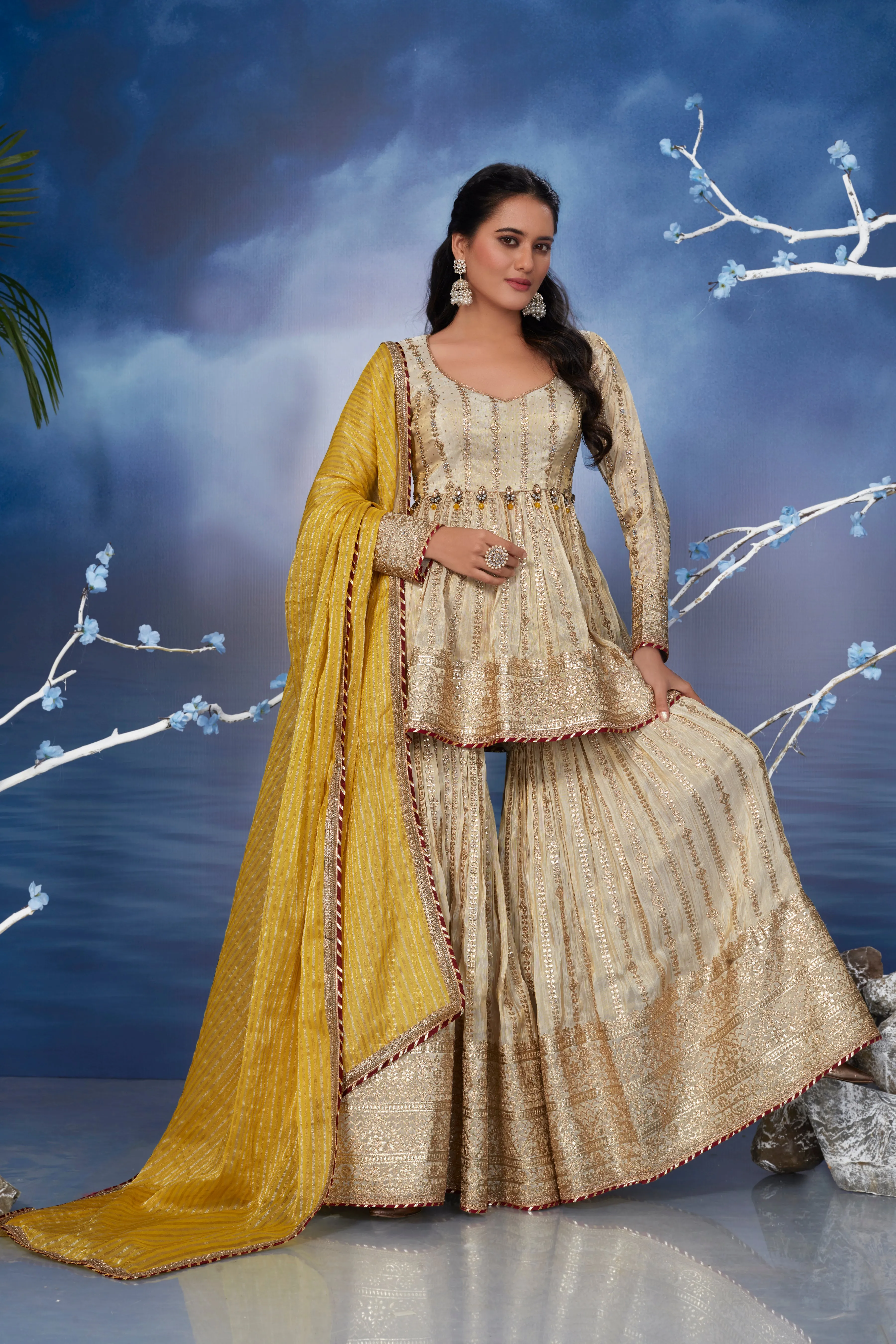 Golden Beige Embellished Italian Silk Sharara Set