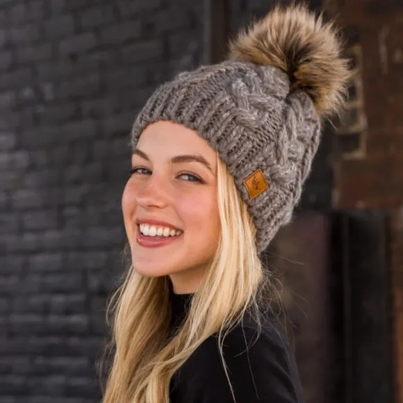 Gray Cable Knit Faux Fur Pompom Beanie Fleece Lined Women's Winter Hat