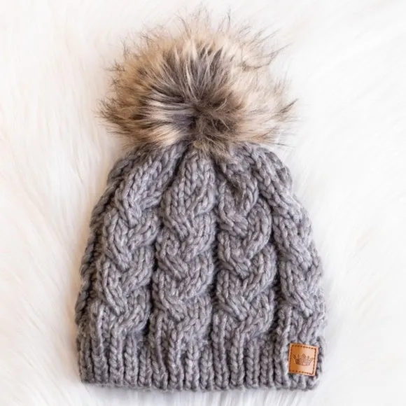 Gray Cable Knit Faux Fur Pompom Beanie Fleece Lined Women's Winter Hat