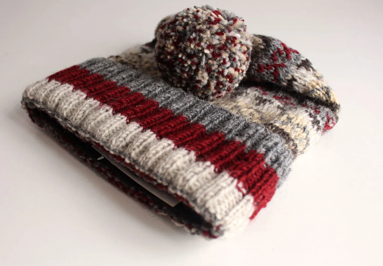 Gray Red Multicolored Woolen Pom Pom Beanie