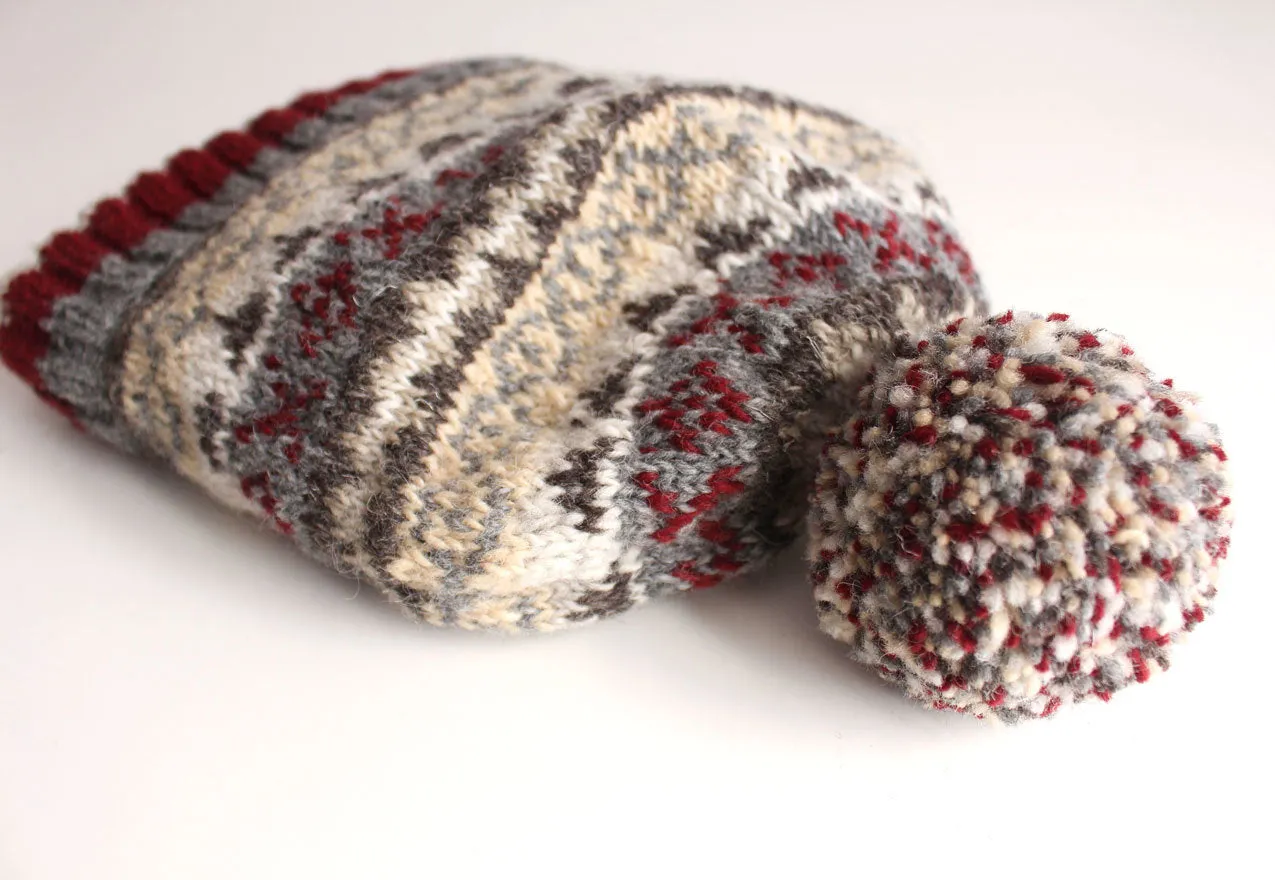 Gray Red Multicolored Woolen Pom Pom Beanie