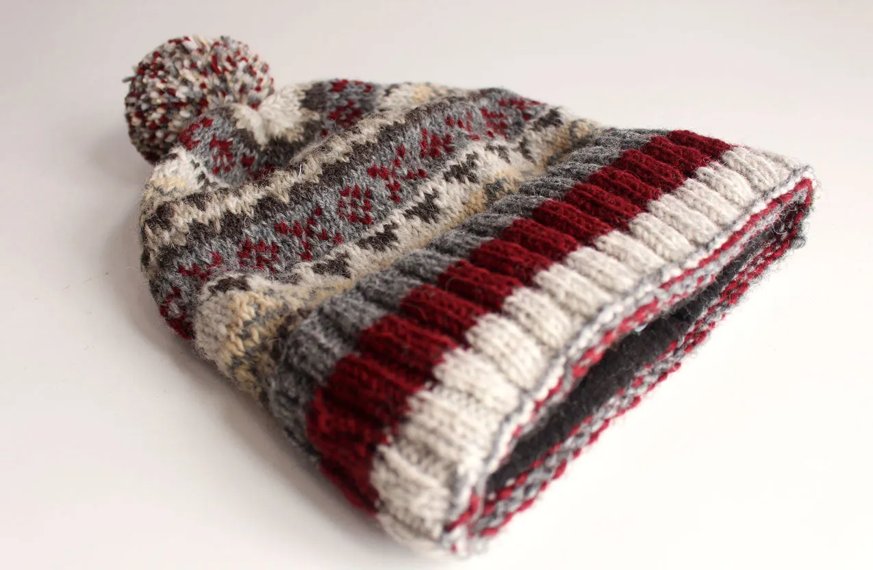 Gray Red Multicolored Woolen Pom Pom Beanie