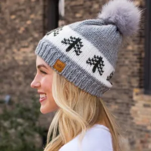 Gray White Green Pine Evergreen Tree Holiday Knit Faux Fur Pom Beanie Winter Hat