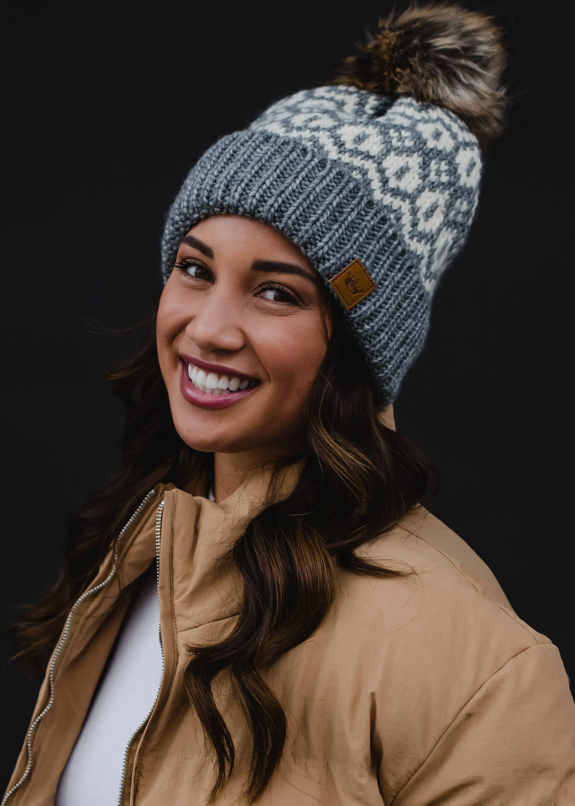 Grey & Cream Pattern Pom Hat