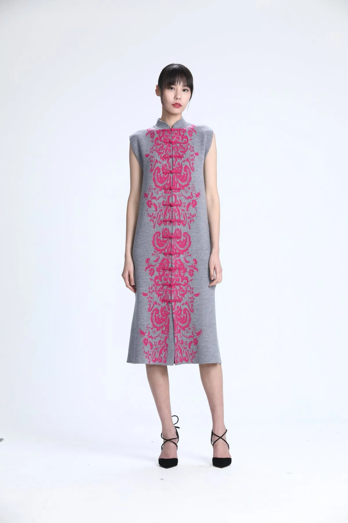 Grey & Fuchsia Sleeveless Knit Cheongsam Coat with Yi-ming Signature Pattern