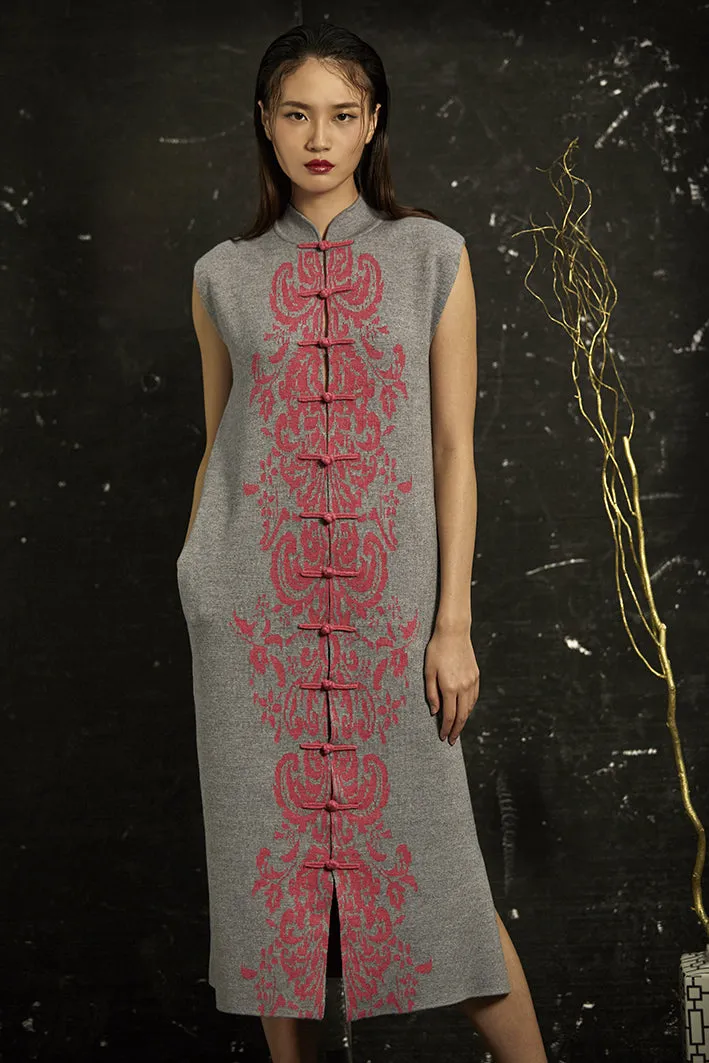 Grey & Fuchsia Sleeveless Knit Cheongsam Coat with Yi-ming Signature Pattern