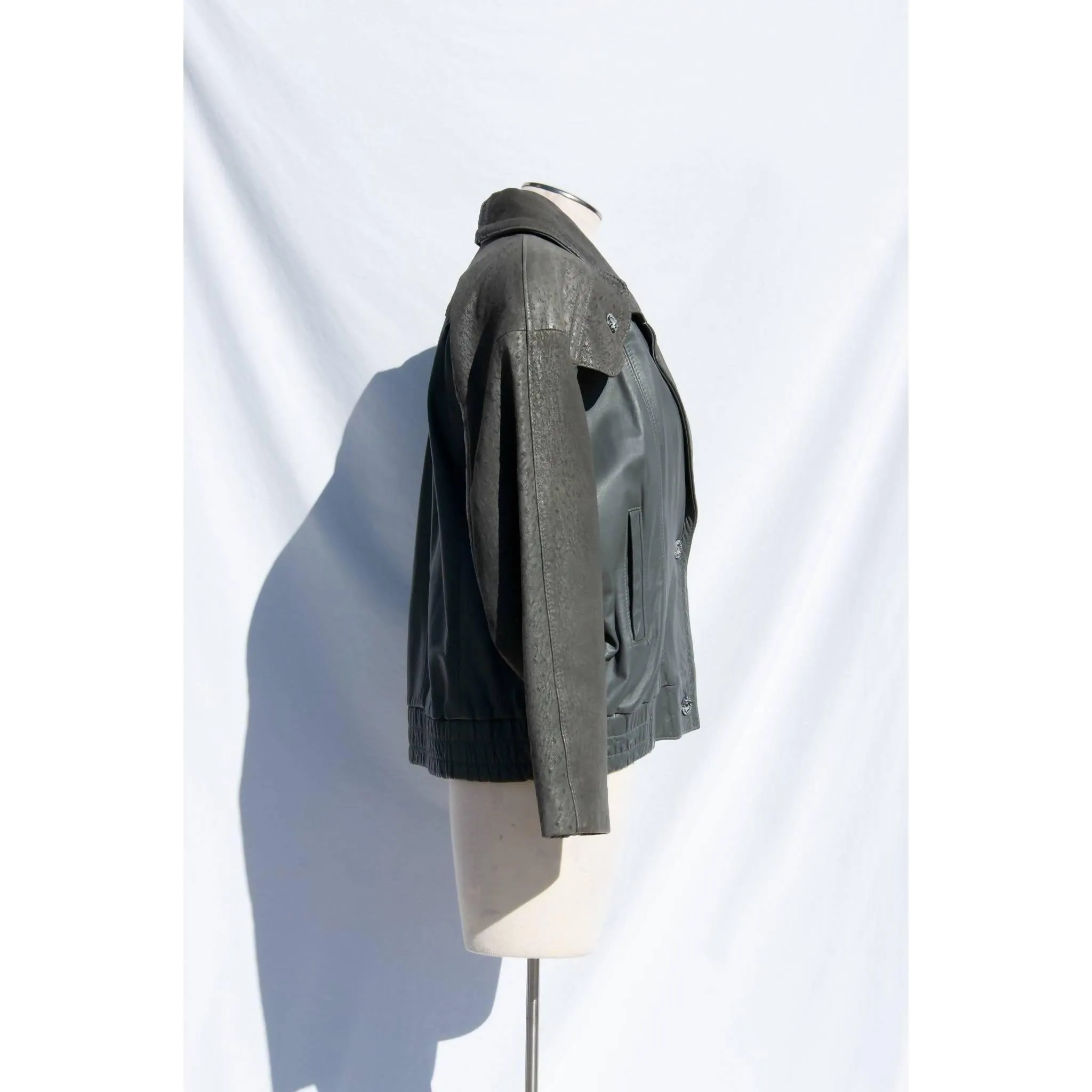 Grey Faux Leather Bomber Jacket | Size L-XL