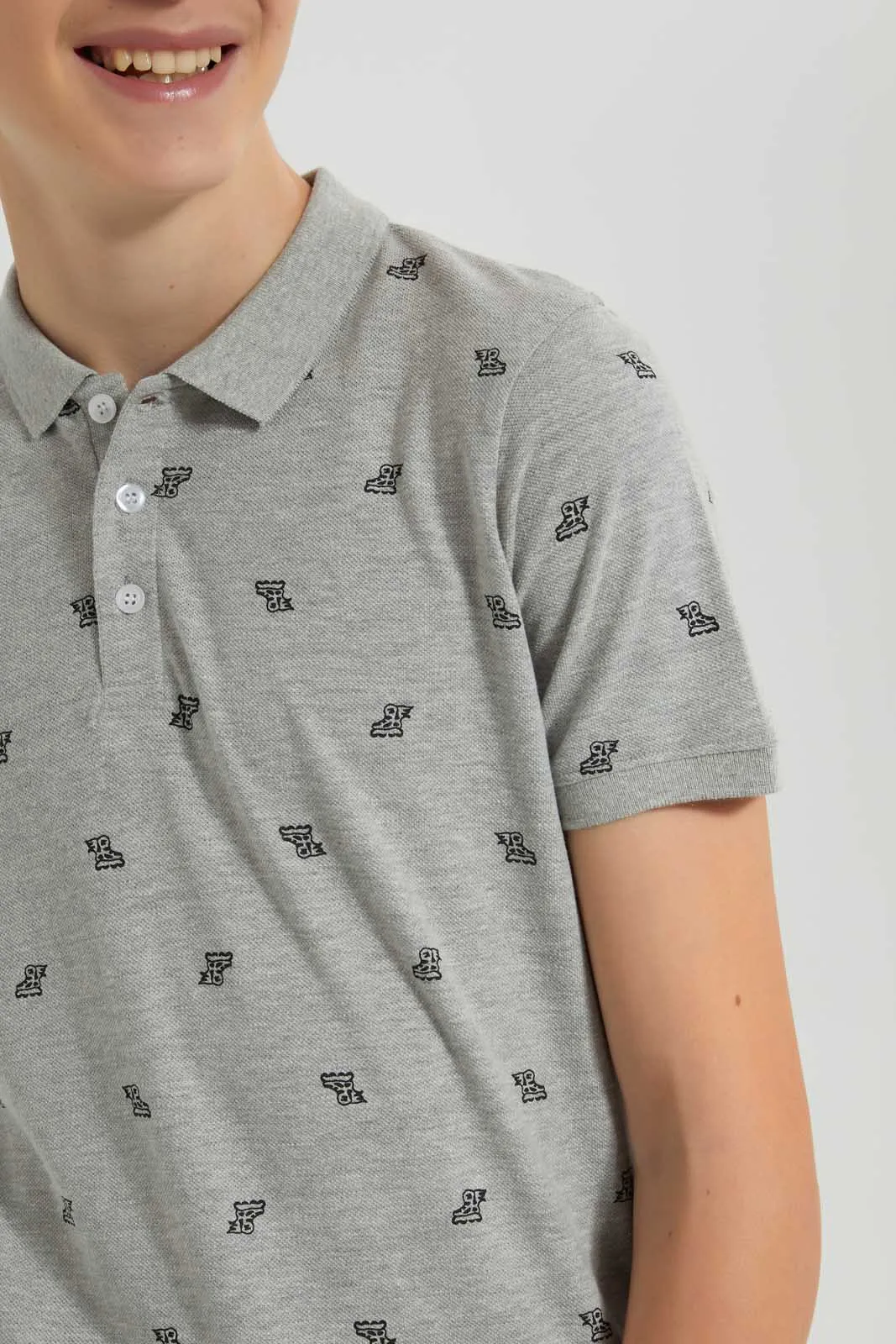 Grey Mélange All-Over Print Polo Shirt