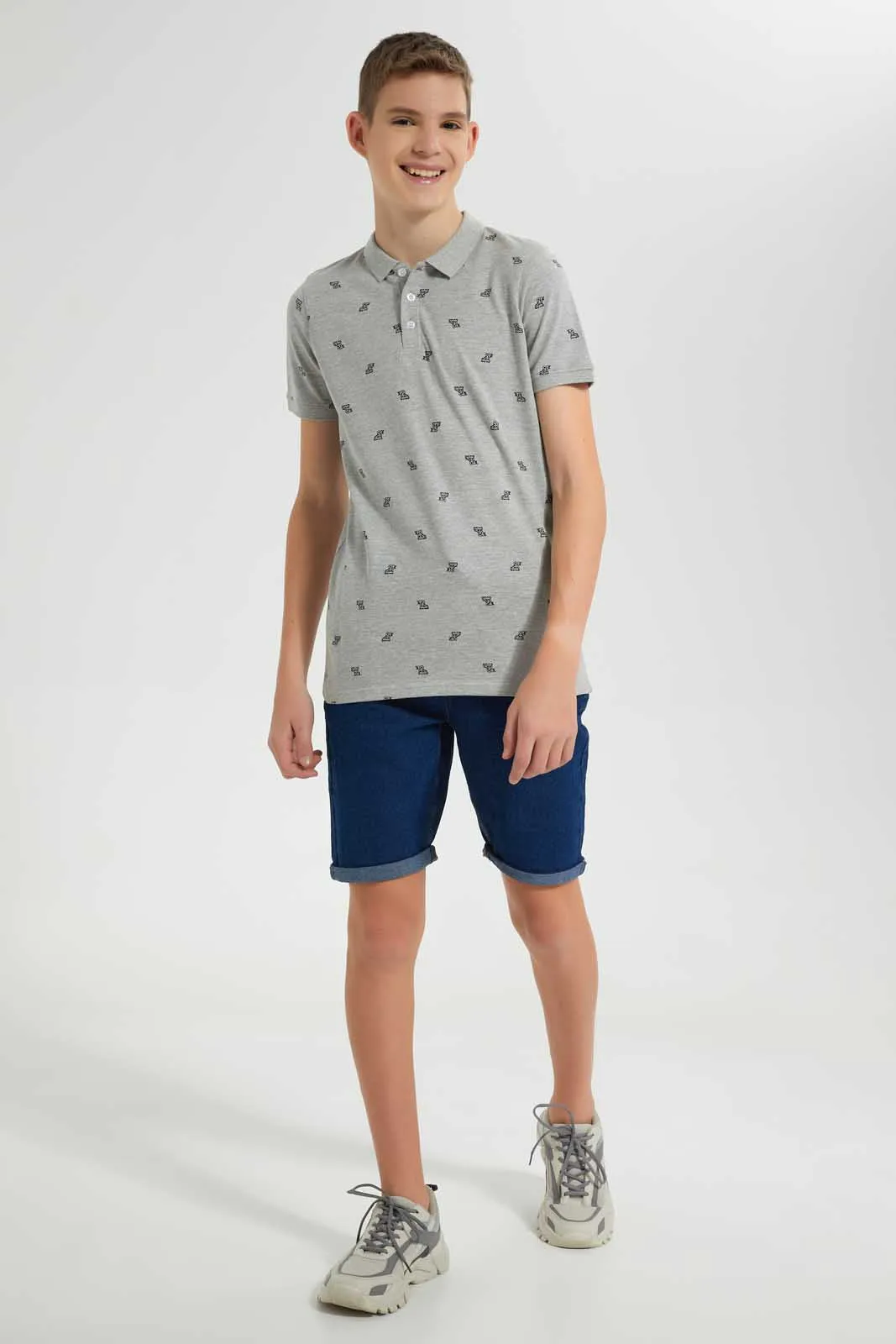 Grey Mélange All-Over Print Polo Shirt