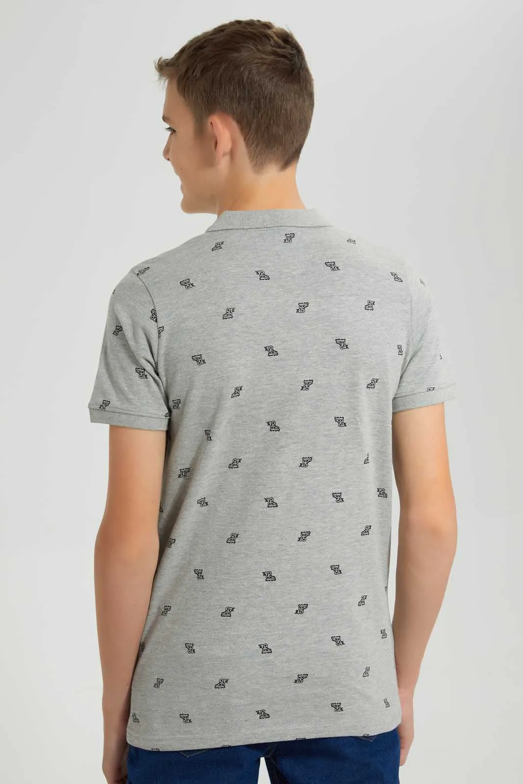 Grey Mélange All-Over Print Polo Shirt