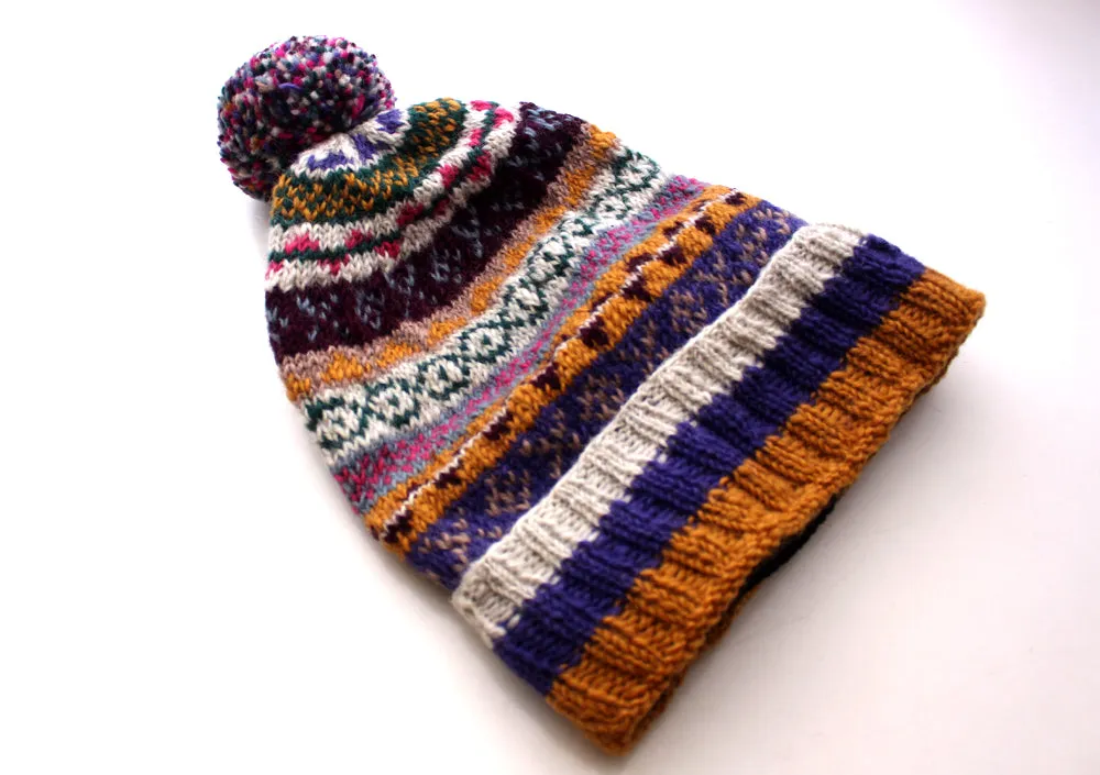 Hand Knit 100% Woolen Yellow, Blue and Pink Multicolored Sherpa Pom Pom Beanie