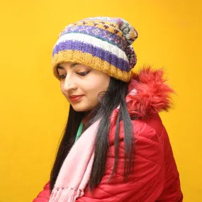 Hand Knit 100% Woolen Yellow, Blue and Pink Multicolored Sherpa Pom Pom Beanie