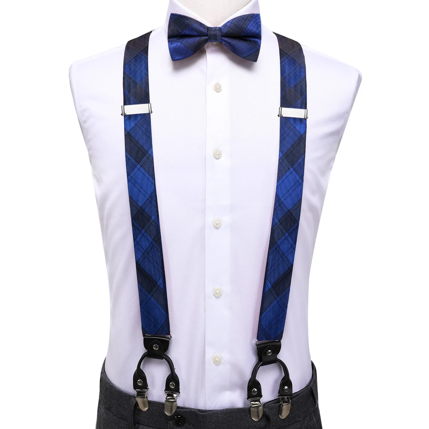 Hi-Tie  Blue Black Plaid Suspender Bowtie Hanky Cufflinks Set