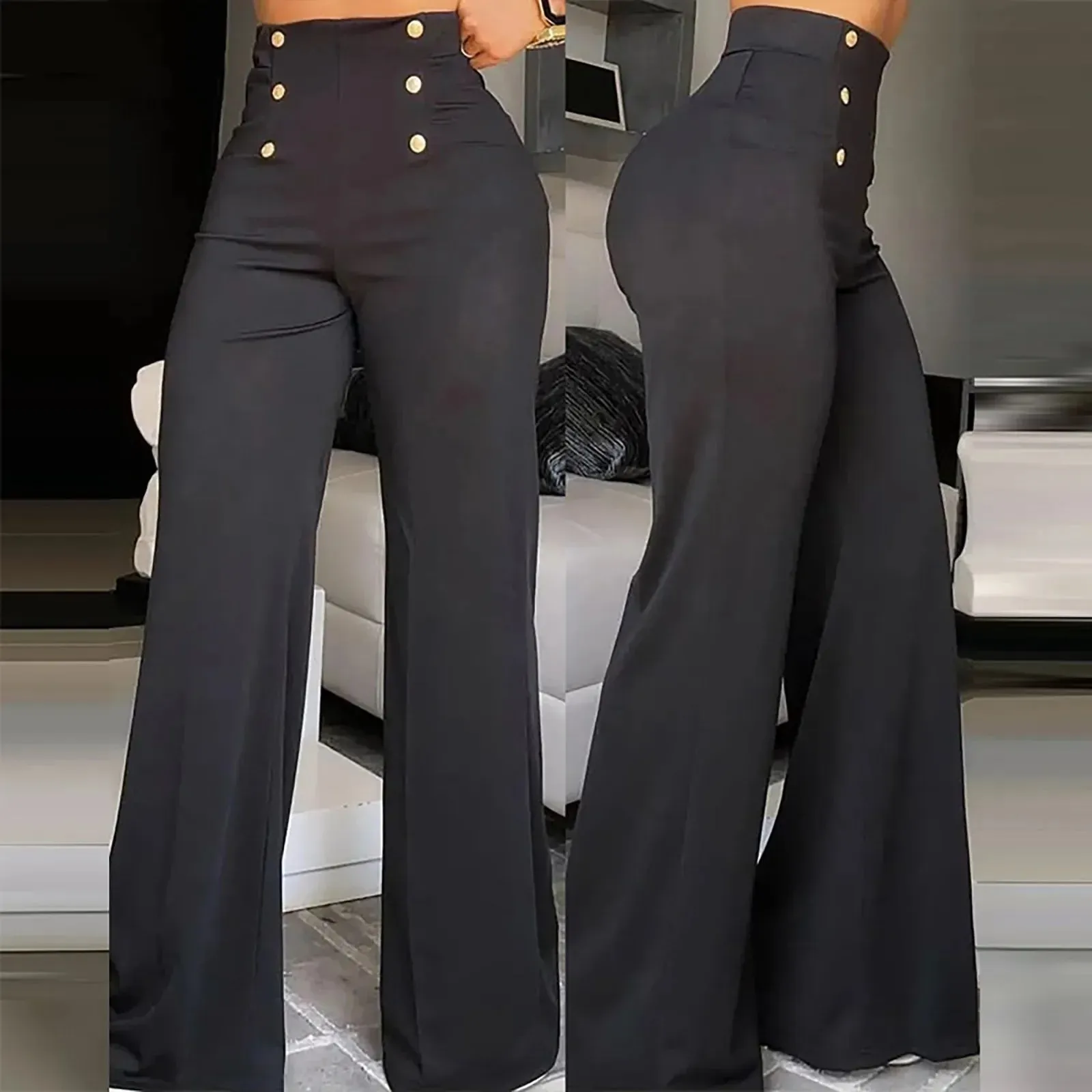 High Waist Double Breasted Wide Flared Slim Leisure Chic Pants