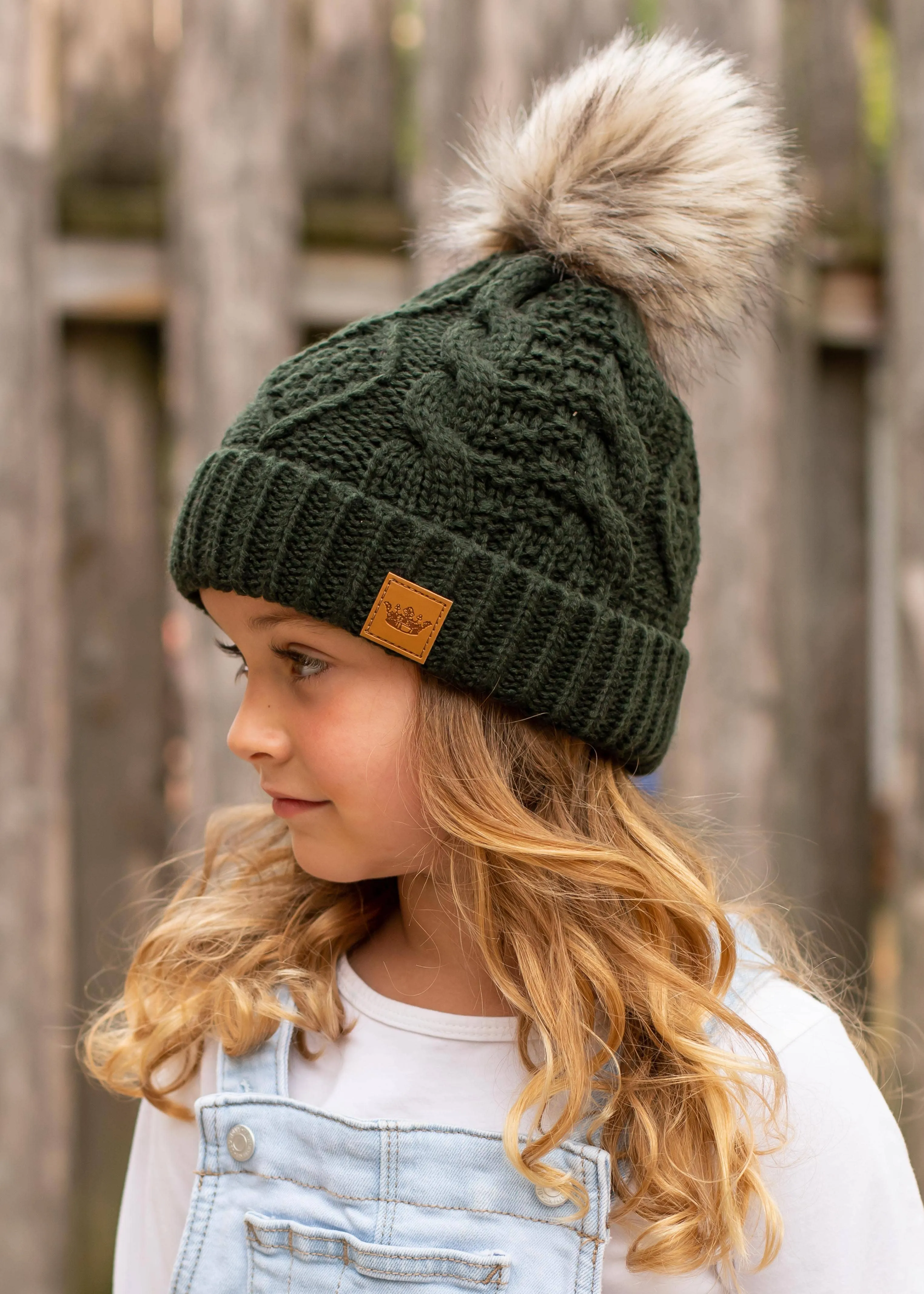 KIDS Green Cable Knit Pom Hat