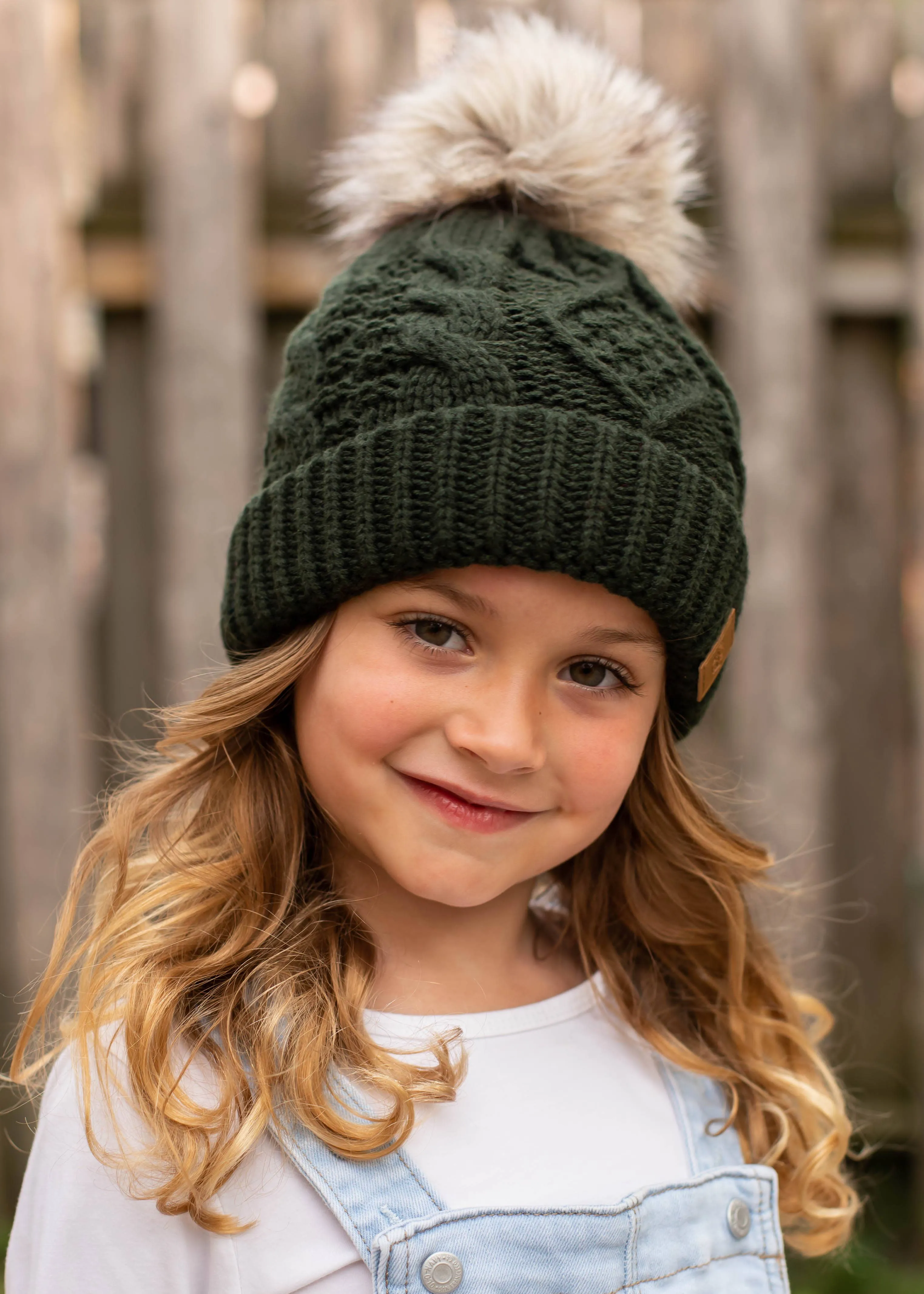 KIDS Green Cable Knit Pom Hat