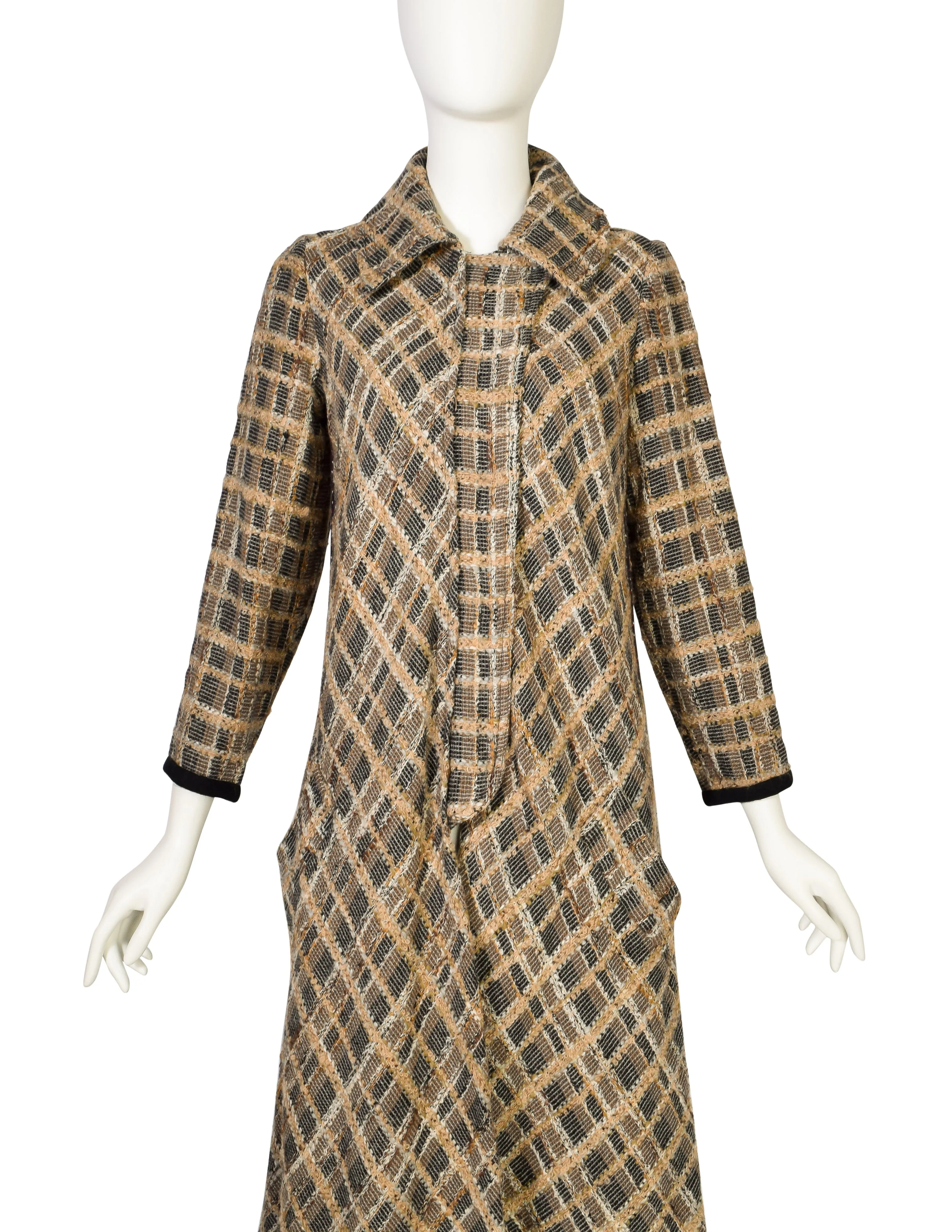 Koos van den Akker Vintage Brown Black Plaid Boucle Knit Layered Coat