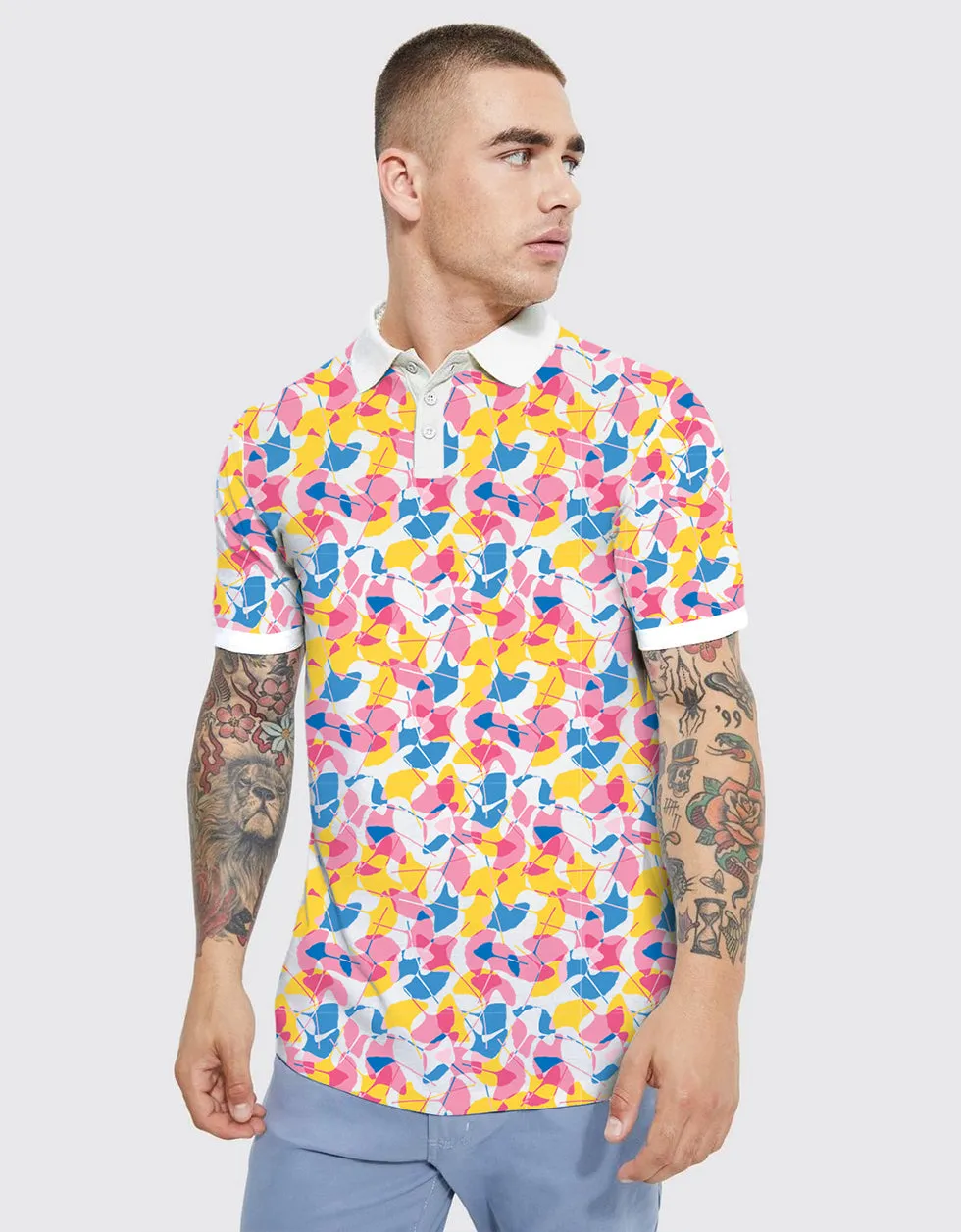 Leaf White All Over Floral Printed Polo Tshirt