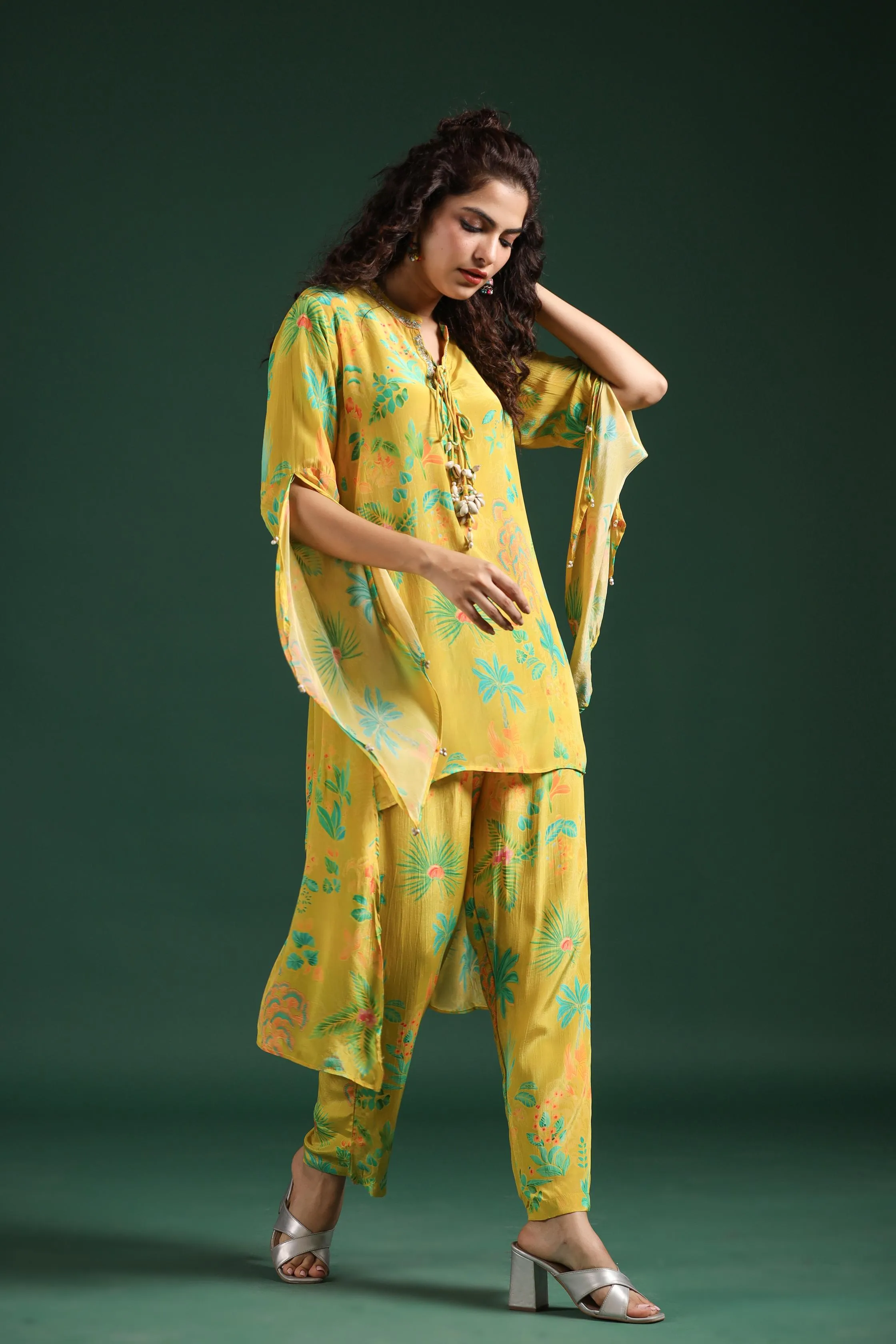 Lemon Yellow Digital Printed Muslin Silk Co-Ord Set