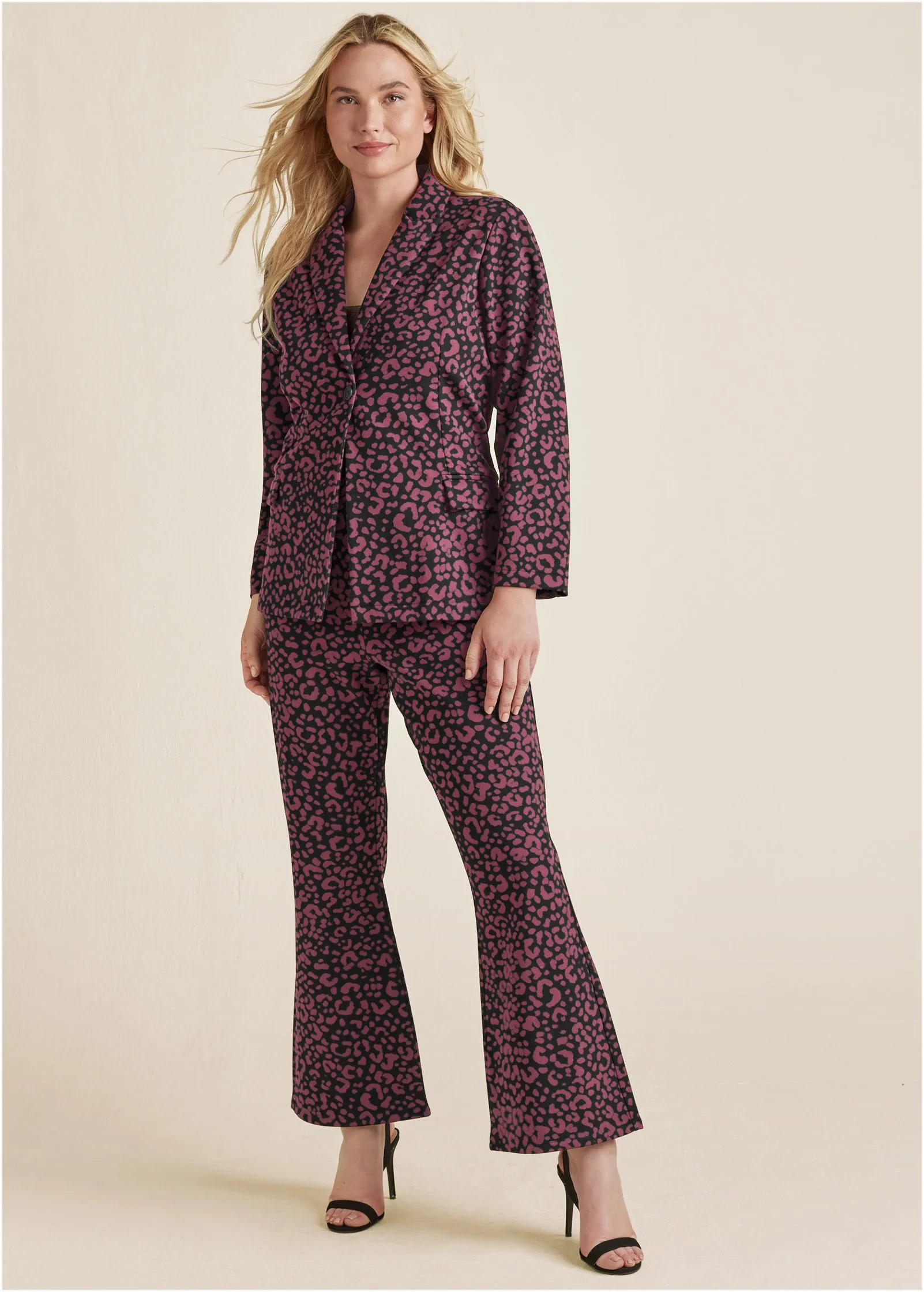 Leopard Kick Flare Suit Set - Wine