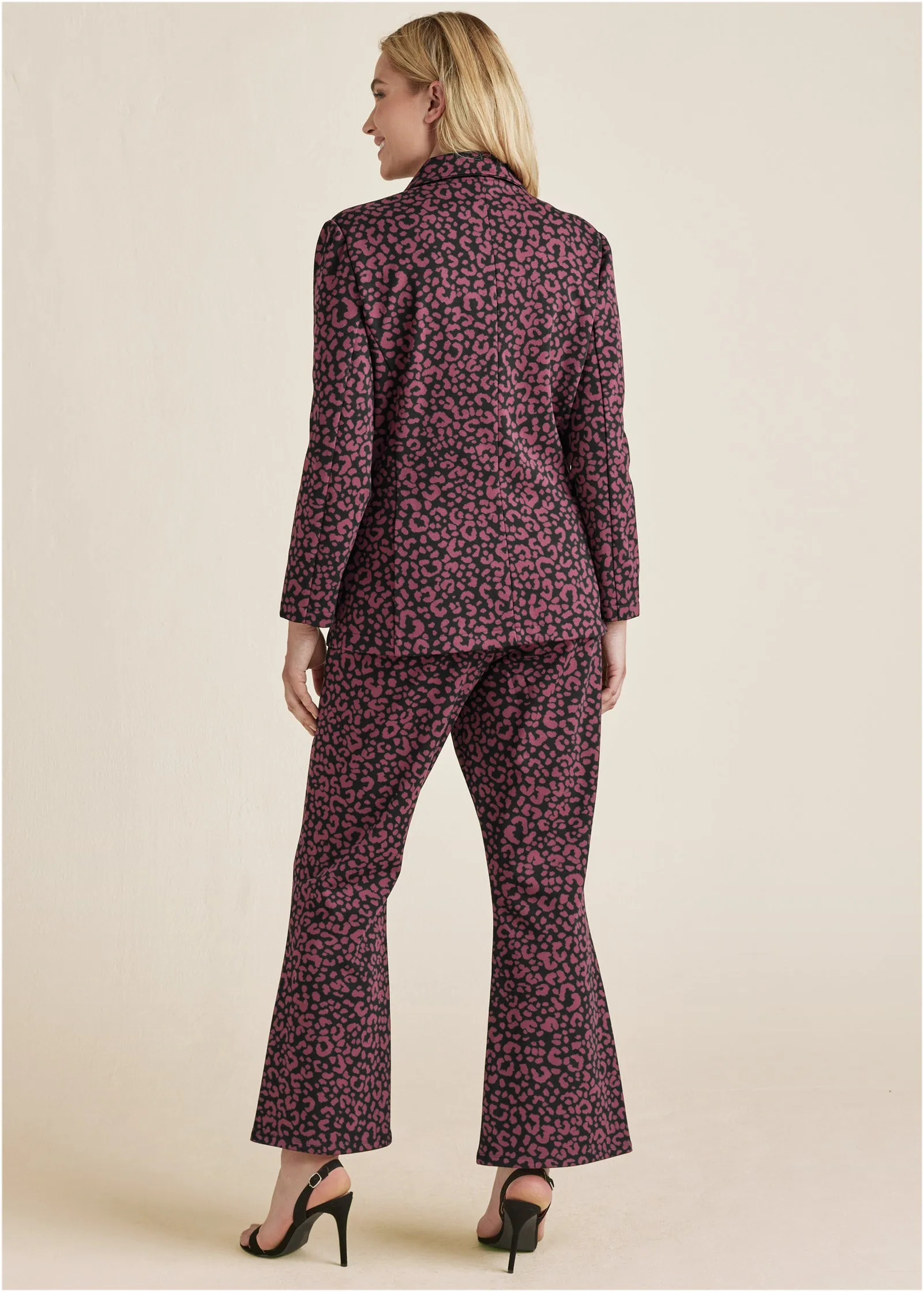 Leopard Kick Flare Suit Set - Wine