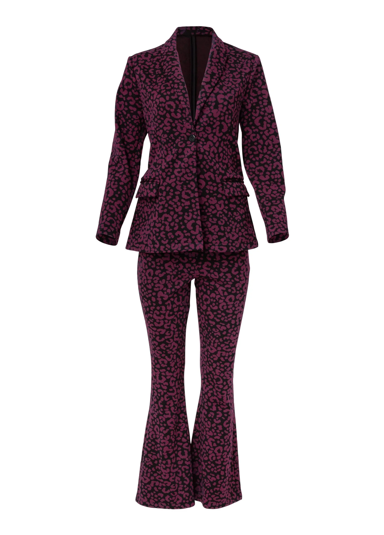 Leopard Kick Flare Suit Set - Wine