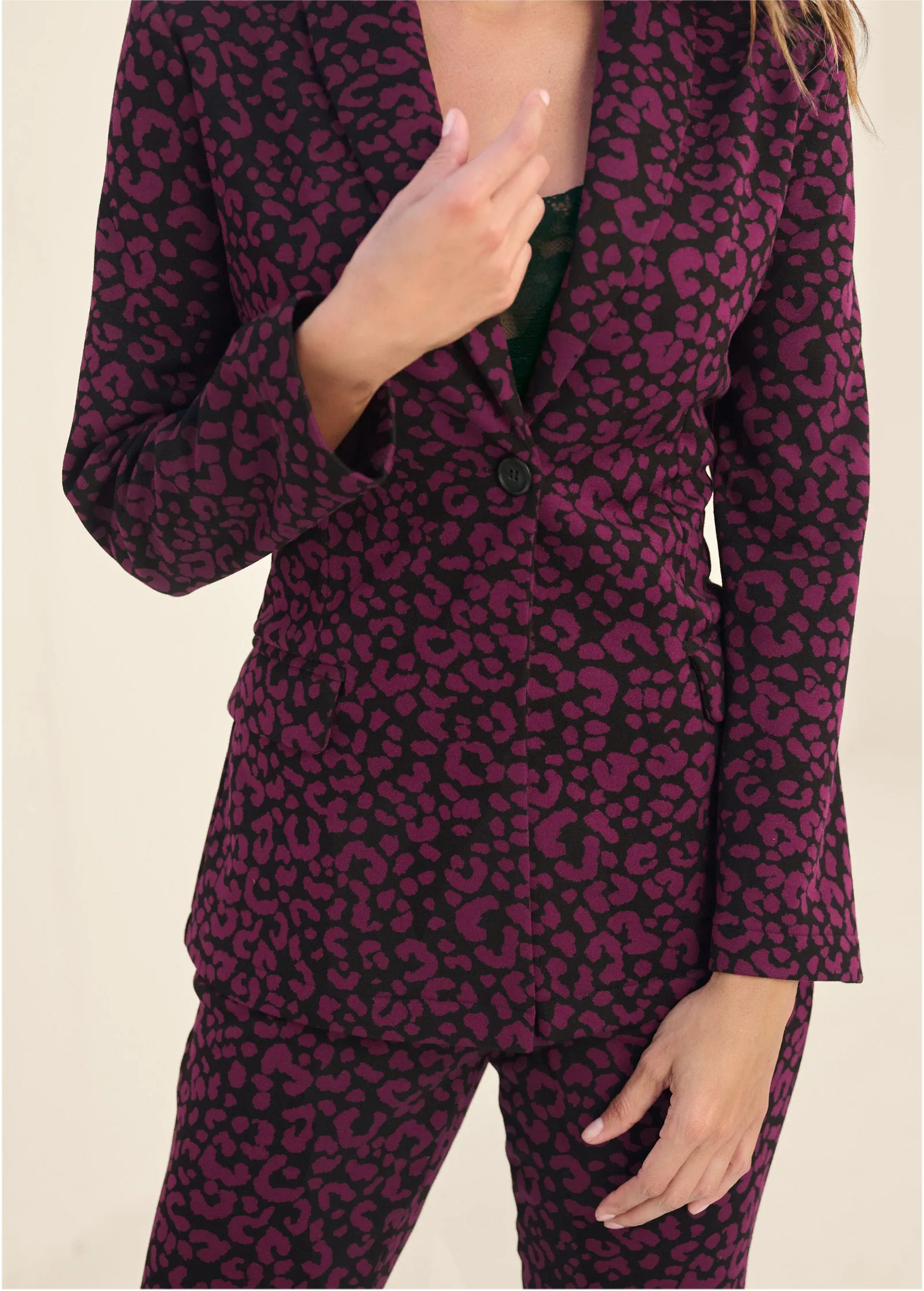 Leopard Kick Flare Suit Set - Wine