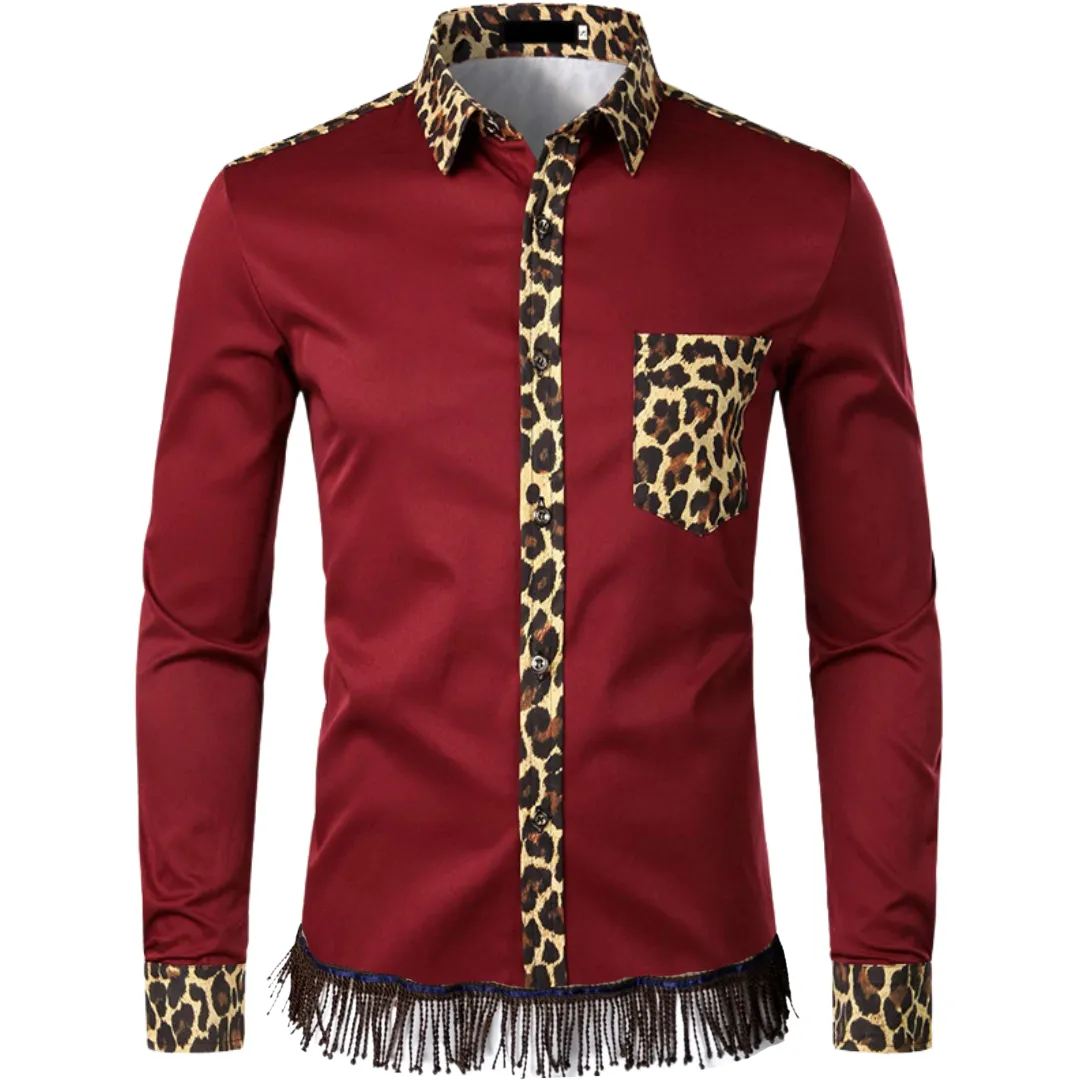 Leopard Print Patchwork Long Sleeve Shirt with Fringes