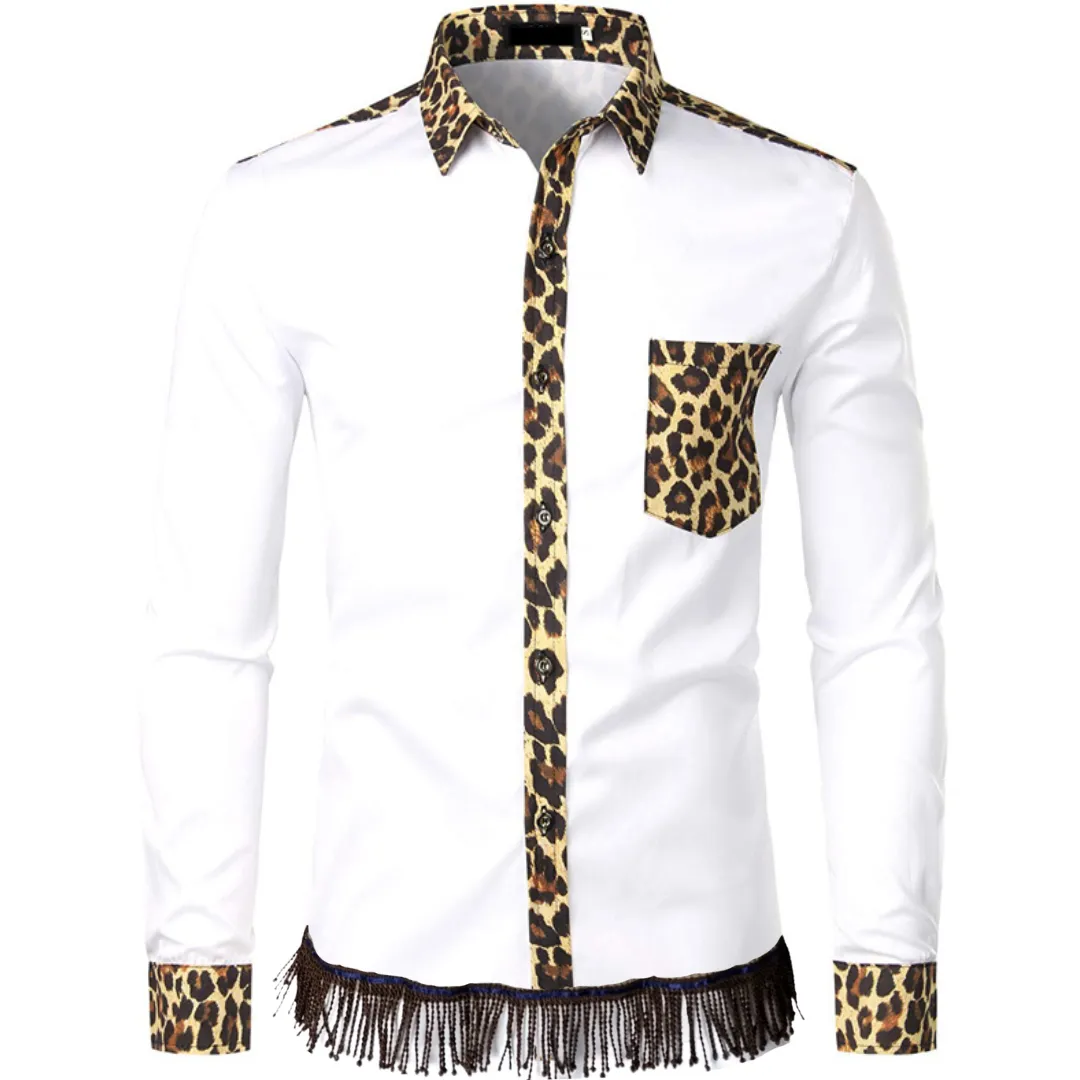 Leopard Print Patchwork Long Sleeve Shirt with Fringes