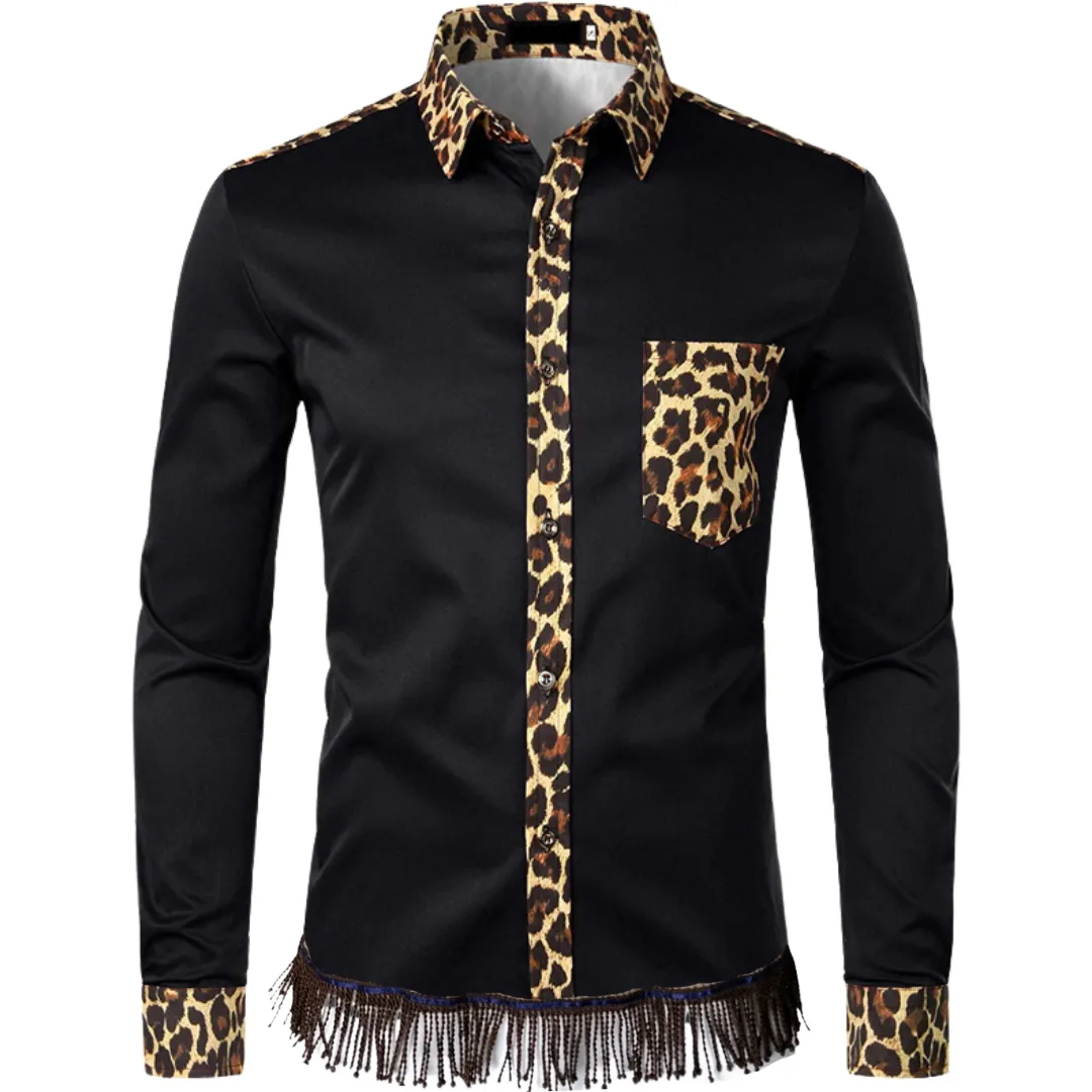 Leopard Print Patchwork Long Sleeve Shirt with Fringes