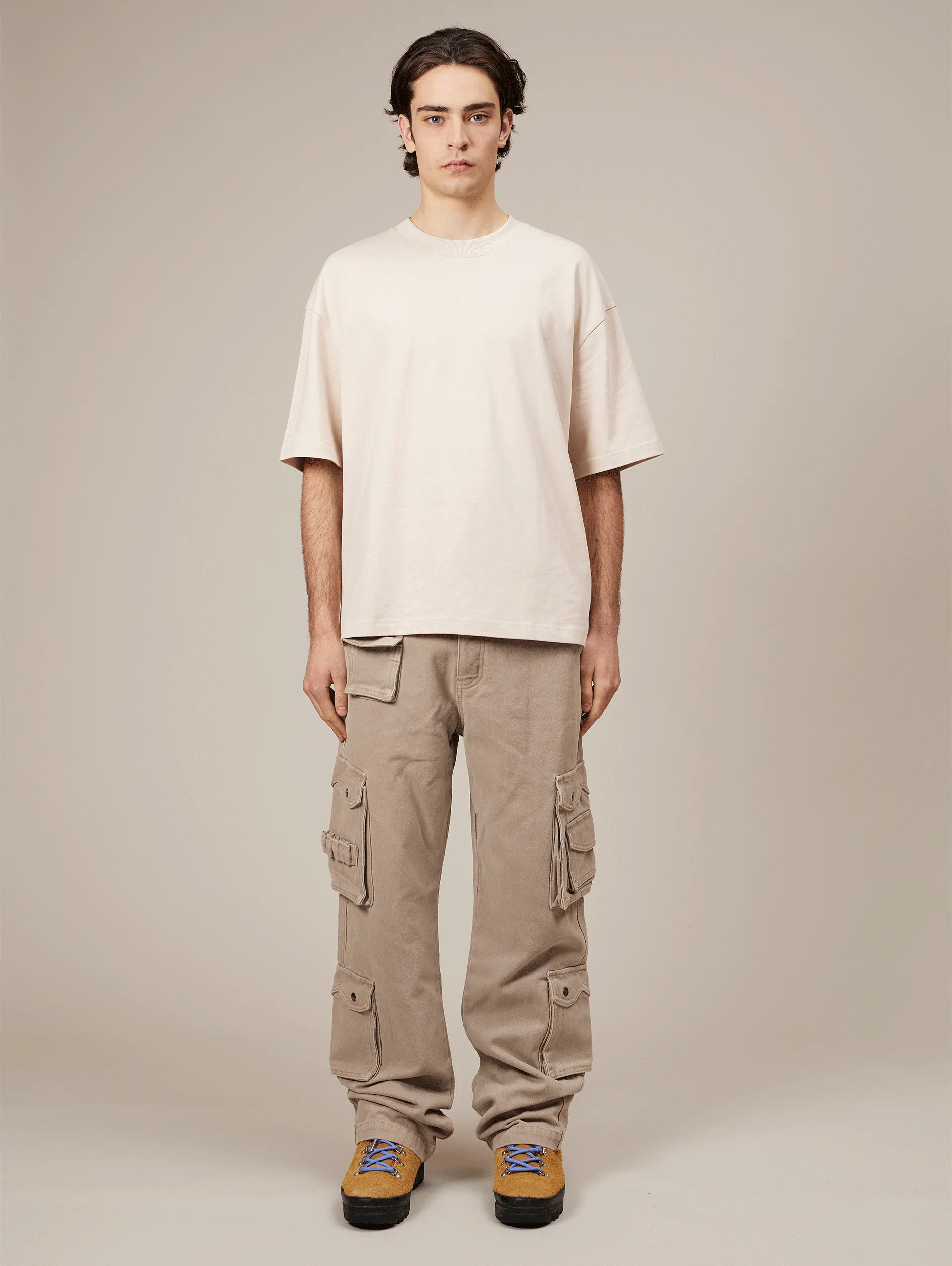 LIGHT BEIGE WASHED DOUBLE POCKETS CARGO PANTS