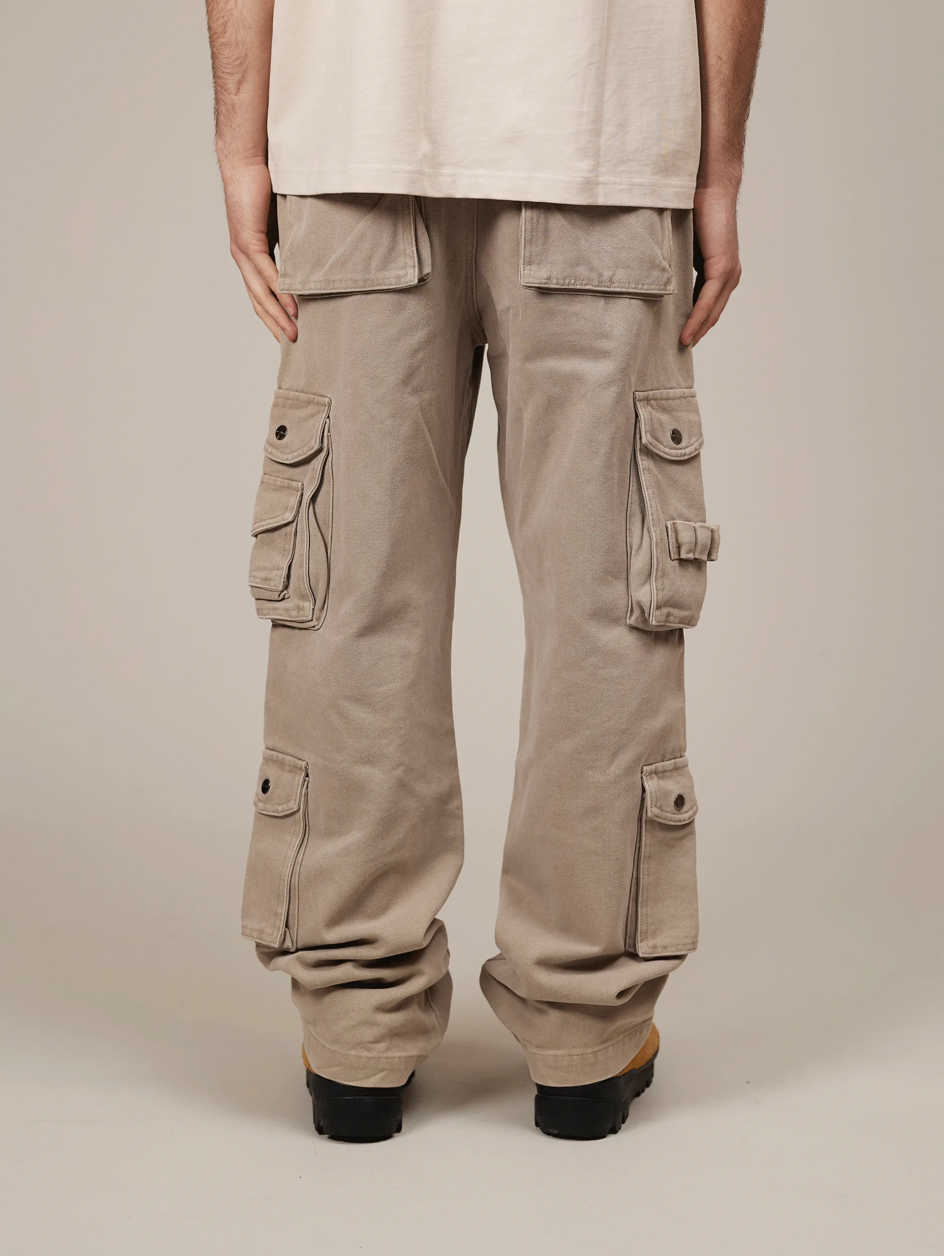 LIGHT BEIGE WASHED DOUBLE POCKETS CARGO PANTS