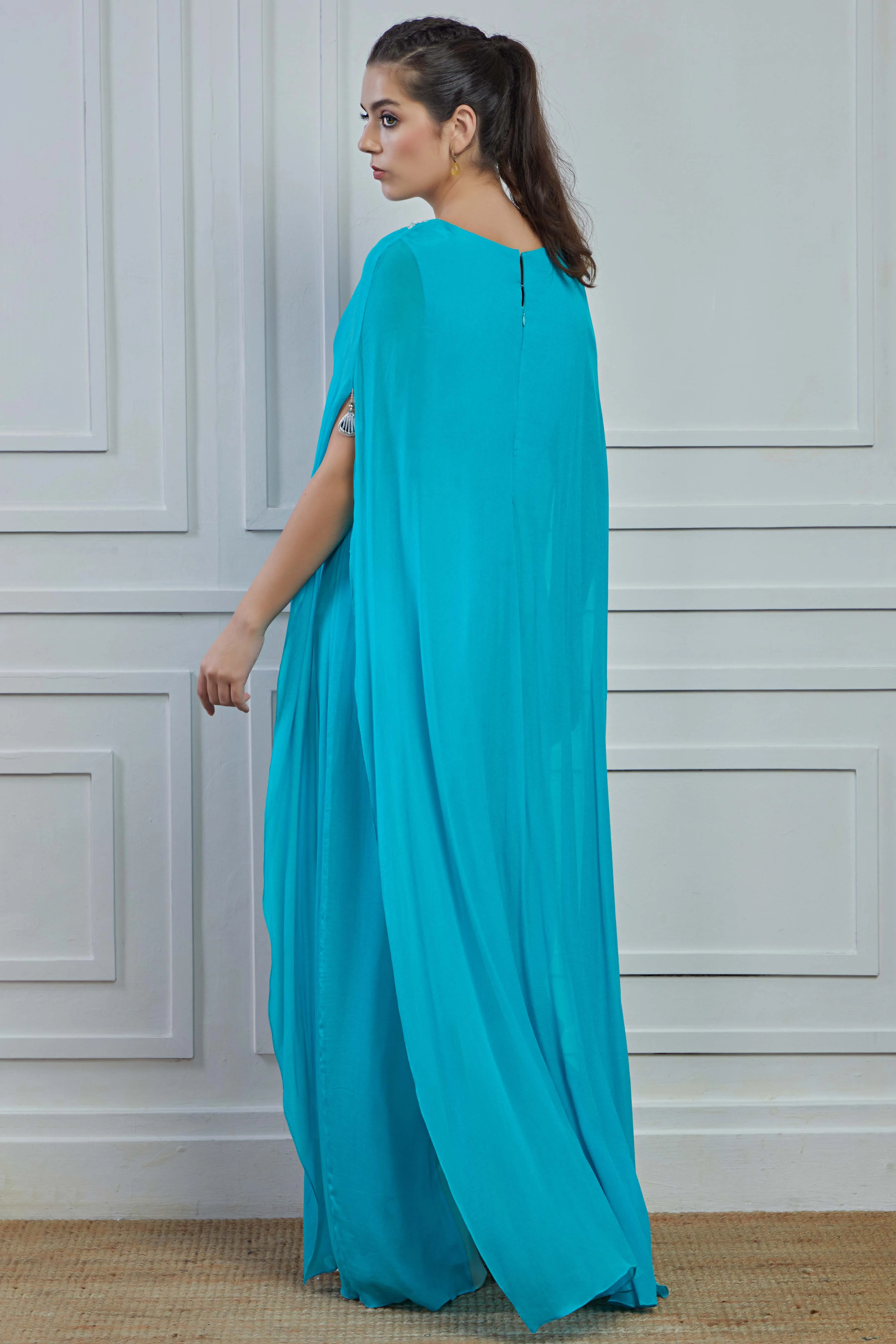 Light Blue Embellished Crepe Silk Kaftan Palazzo Set