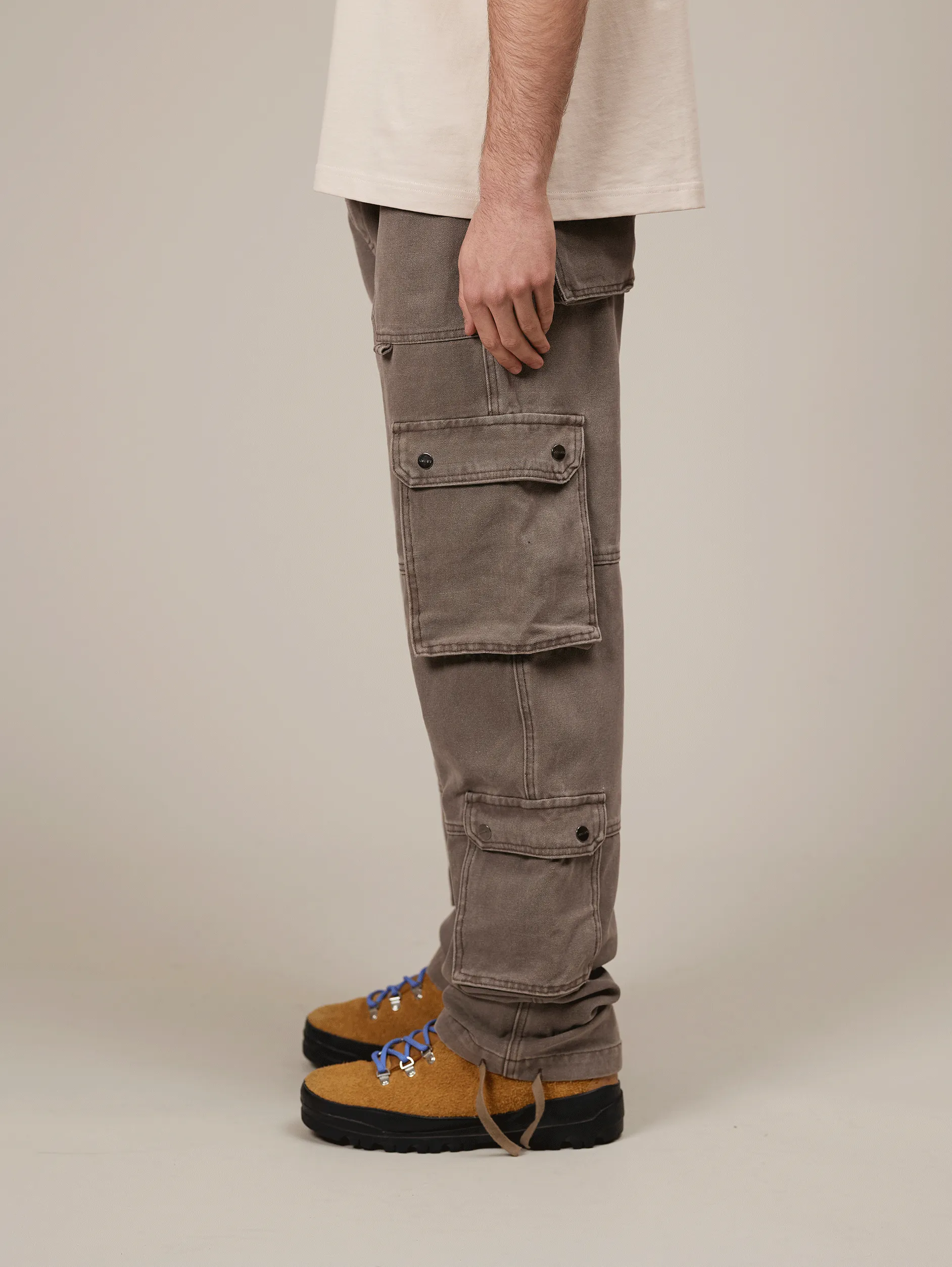 LIGHT BROWN WASHED DOUBLE POCKETS CARGO PANTS